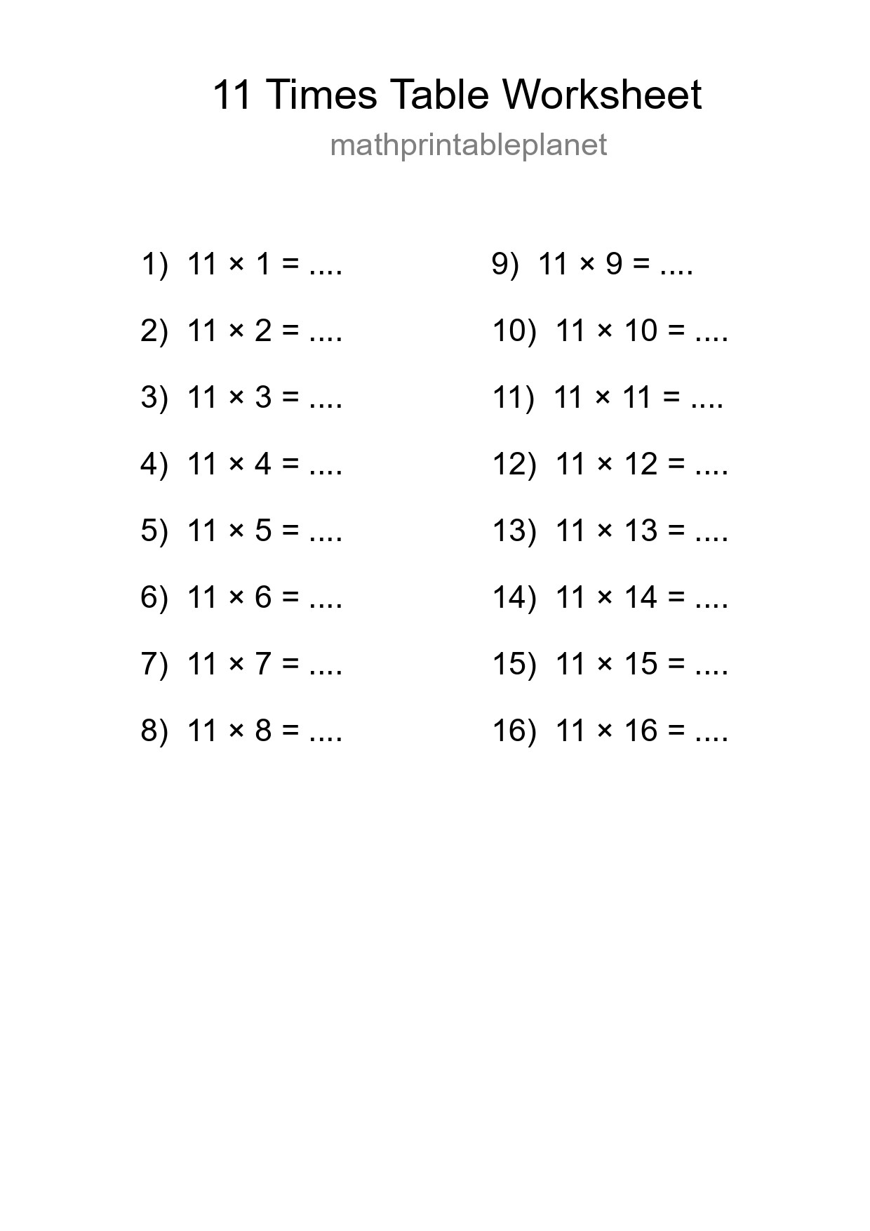 11 Times Table Worksheet For Grade 4 - Part 174