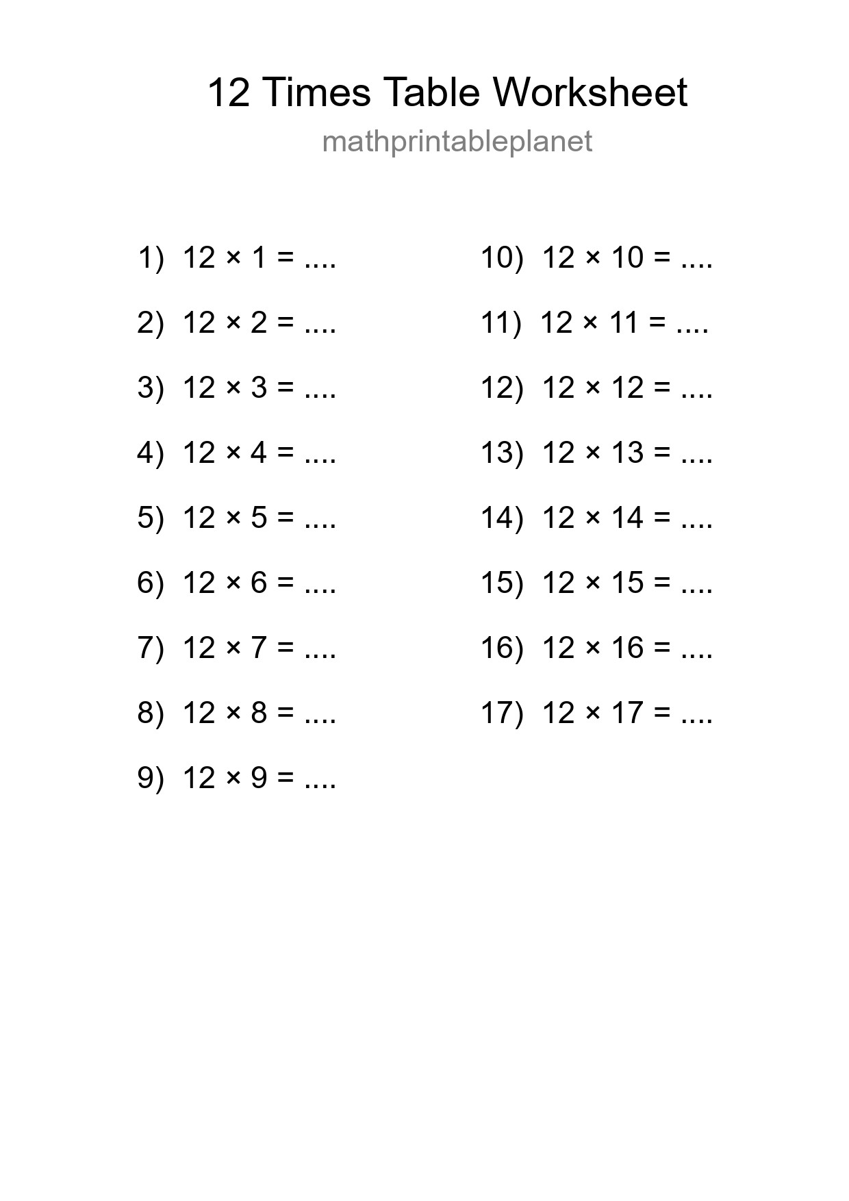 12 Times Table Worksheet For Grade 4 - Part 97