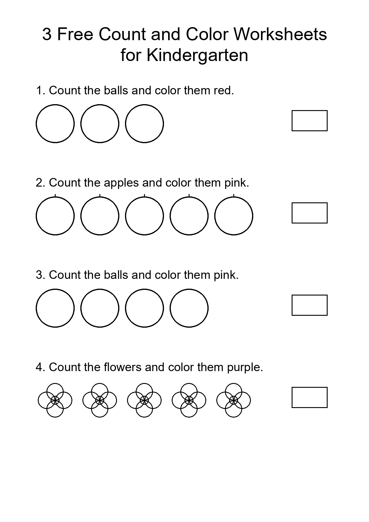 3 Free Count and Color Worksheets for Kindergarten
