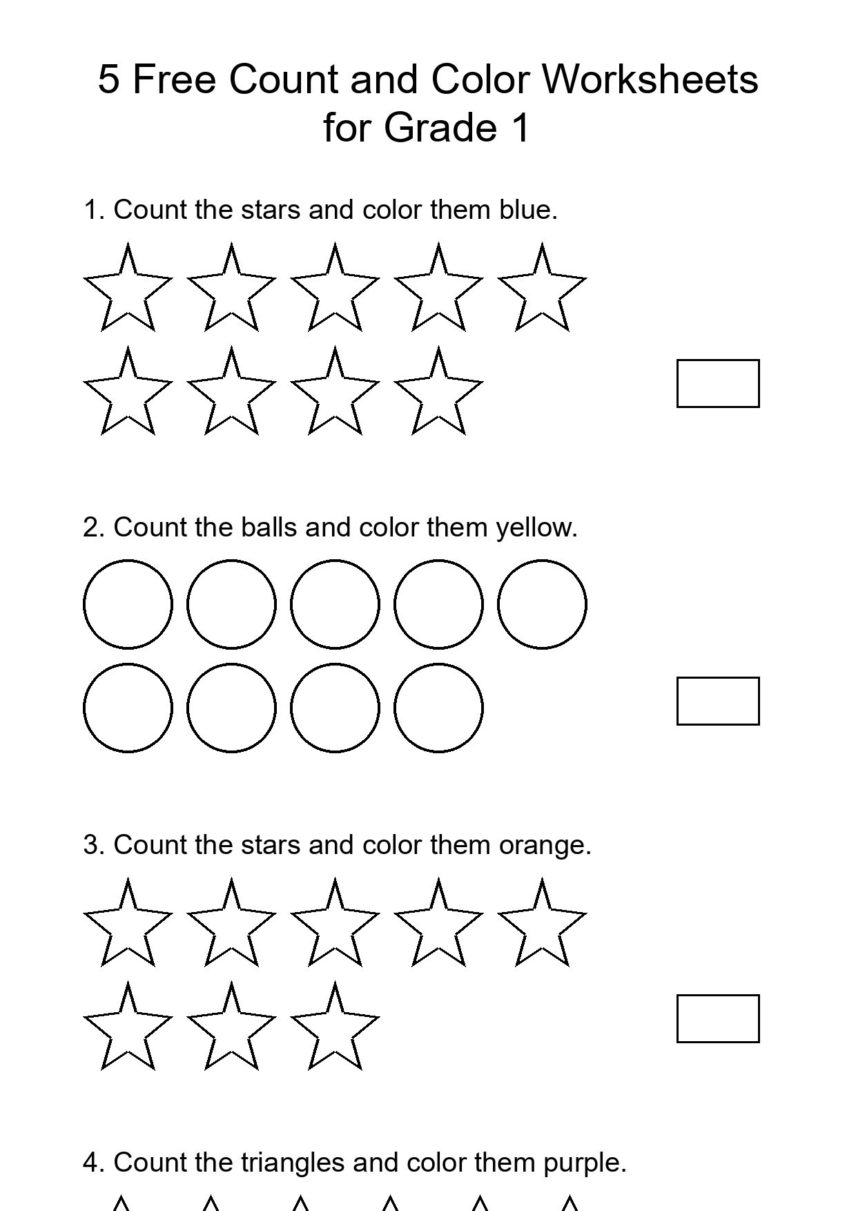 5 Free Count and Color Worksheets for Grade 1