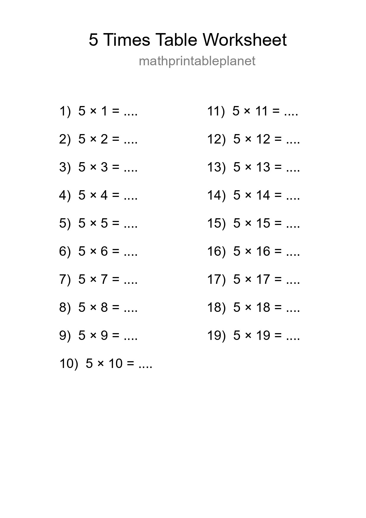 5 Times Table Worksheet For Grade 2 With Answers - Part 207
