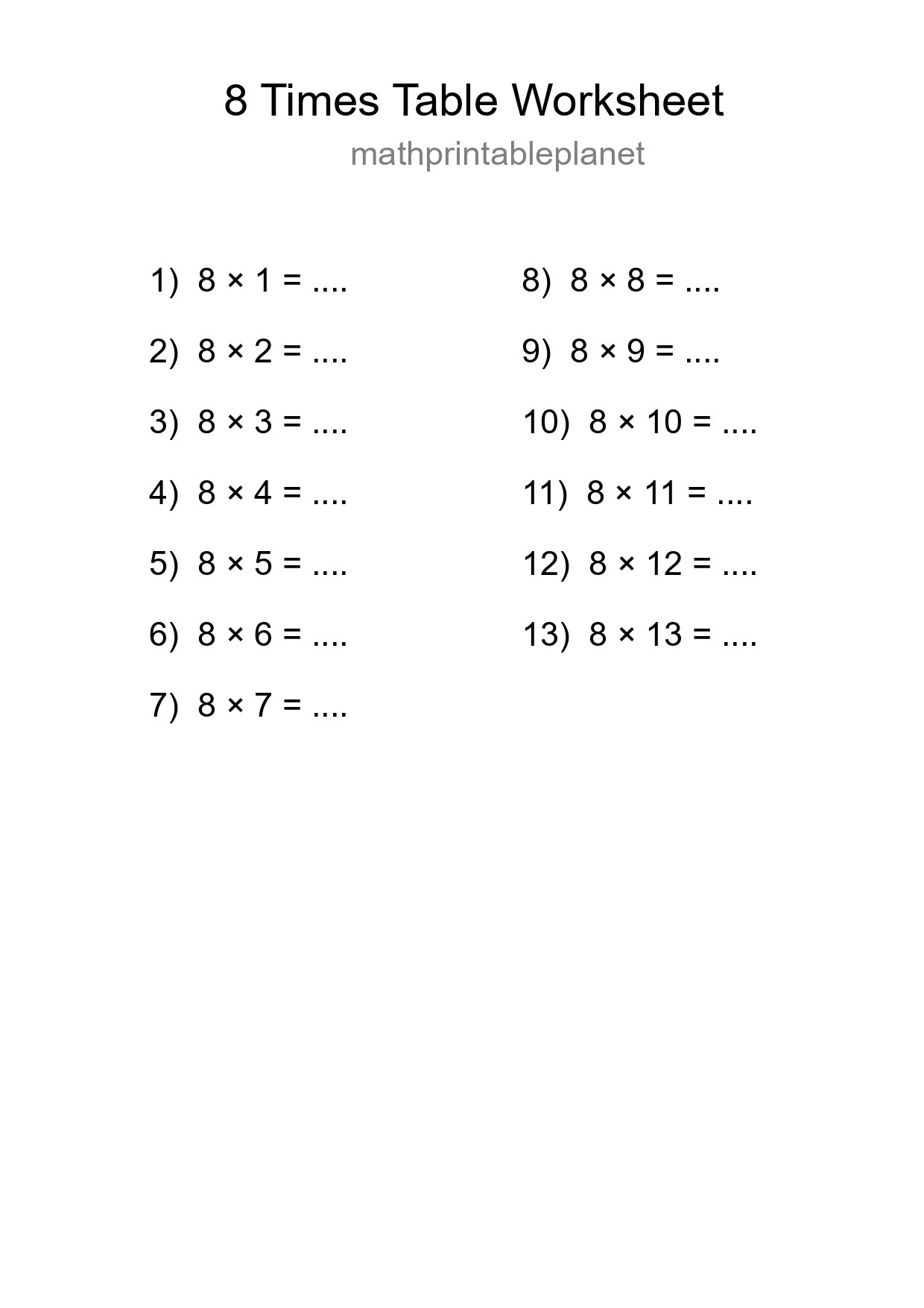 8 Times Table Worksheet For Grade 3 - Part 229