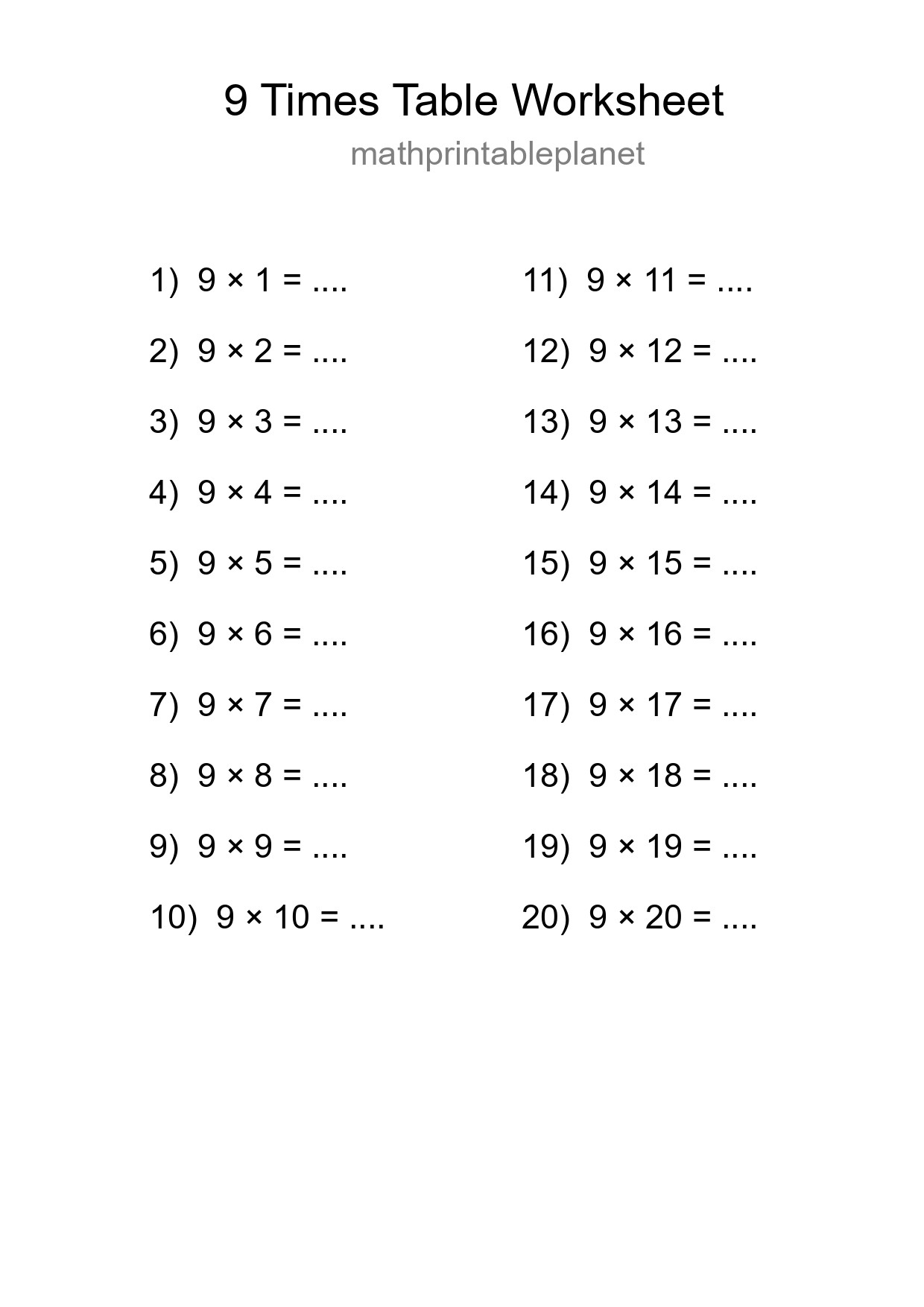 9 Times Table Worksheet For Grade 3 With Answers - Part 20