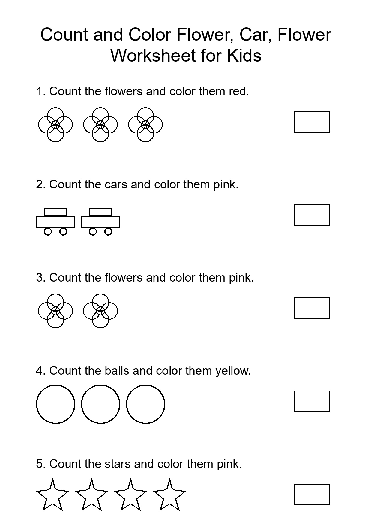 Count and Color Flower, Car, Flower Worksheet for Kids