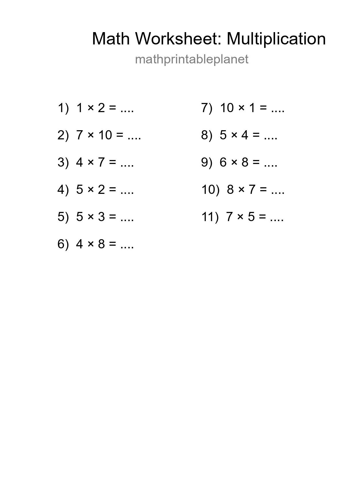Free 11 Multiplication Math Worksheet For Grade 1 - Part 150