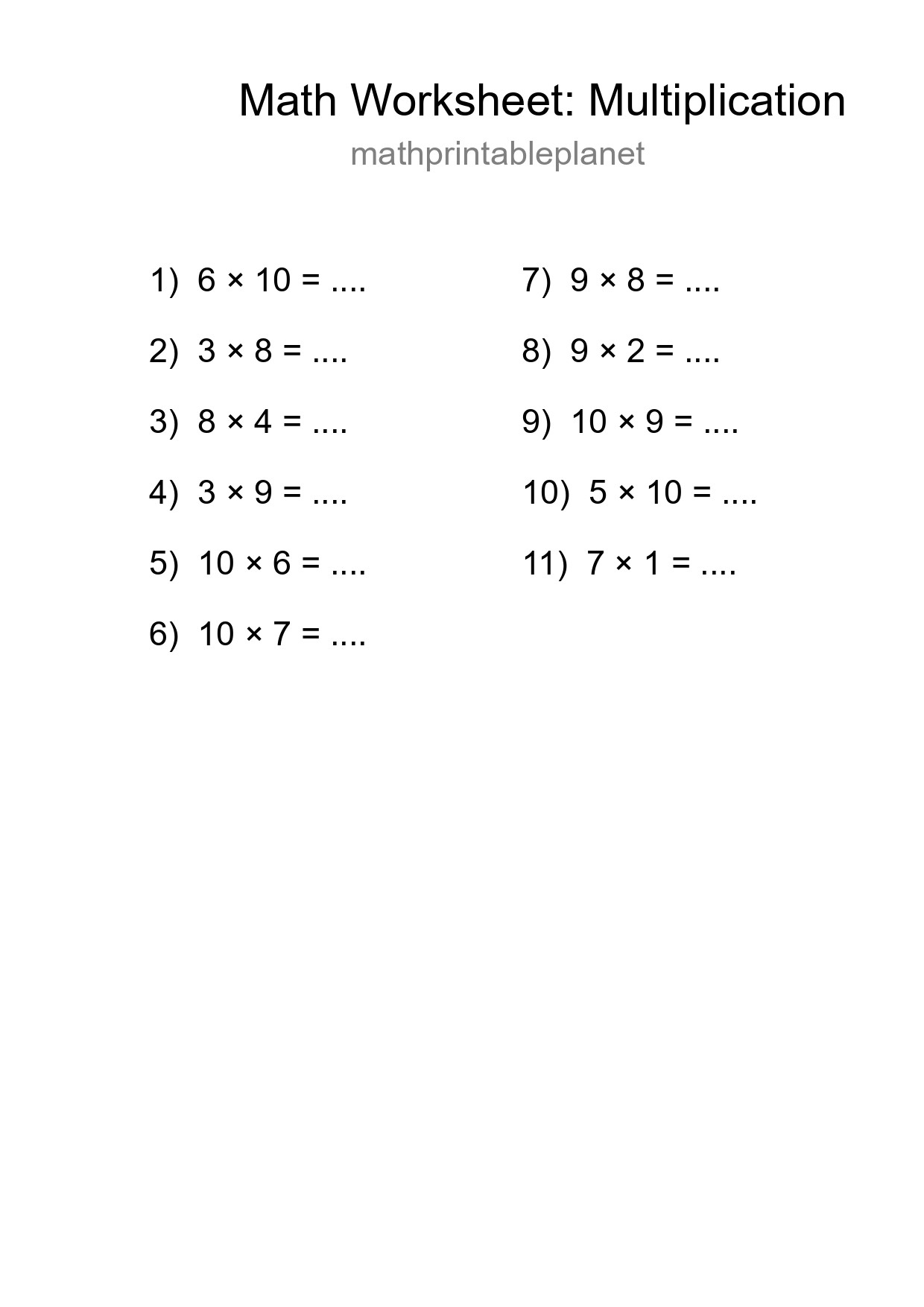 Free 11 Multiplication Math Worksheet For Grade 1 With Answers - Part 216