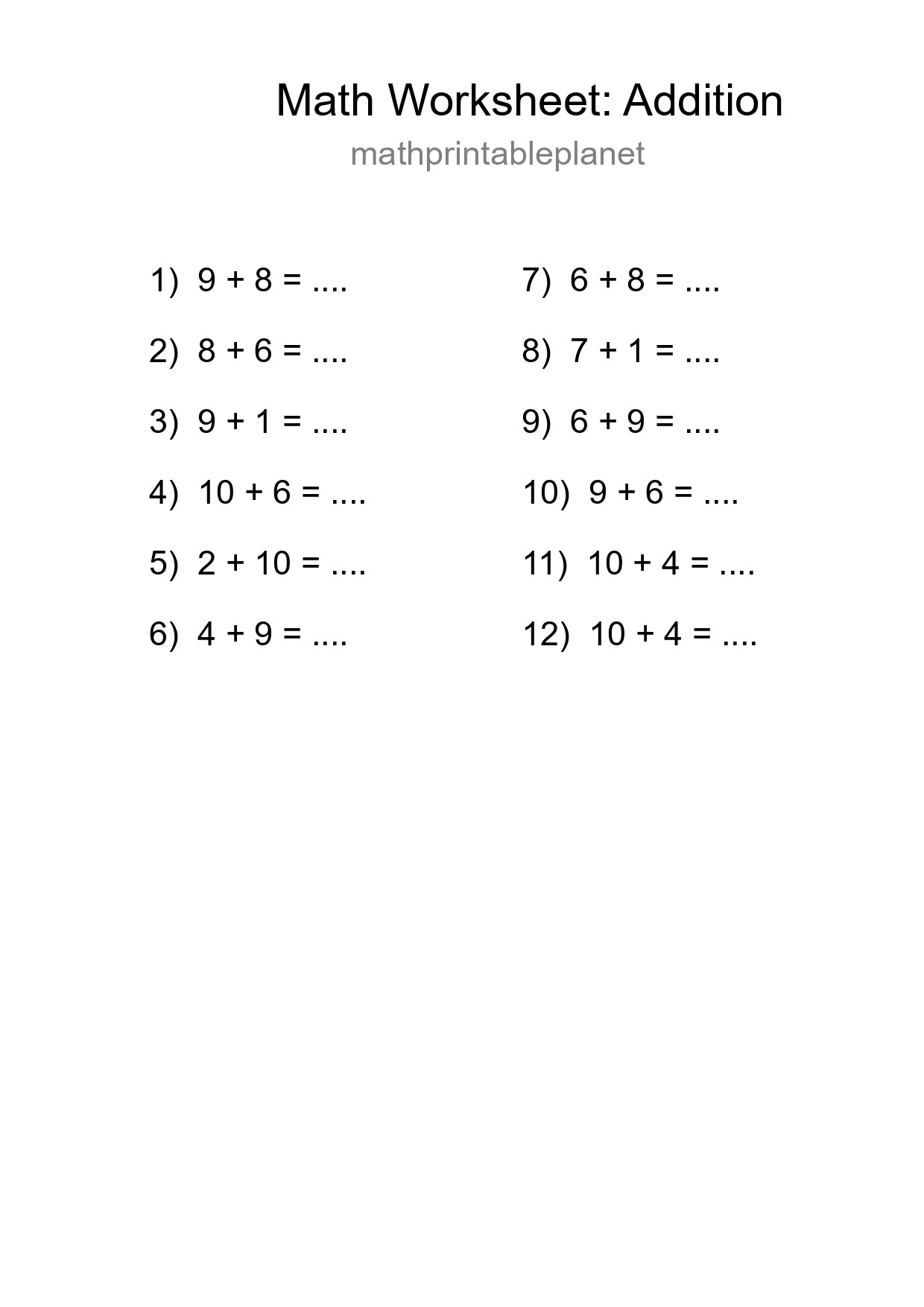 Free 12 Addition Math Worksheet For Grade 1 - Part 276