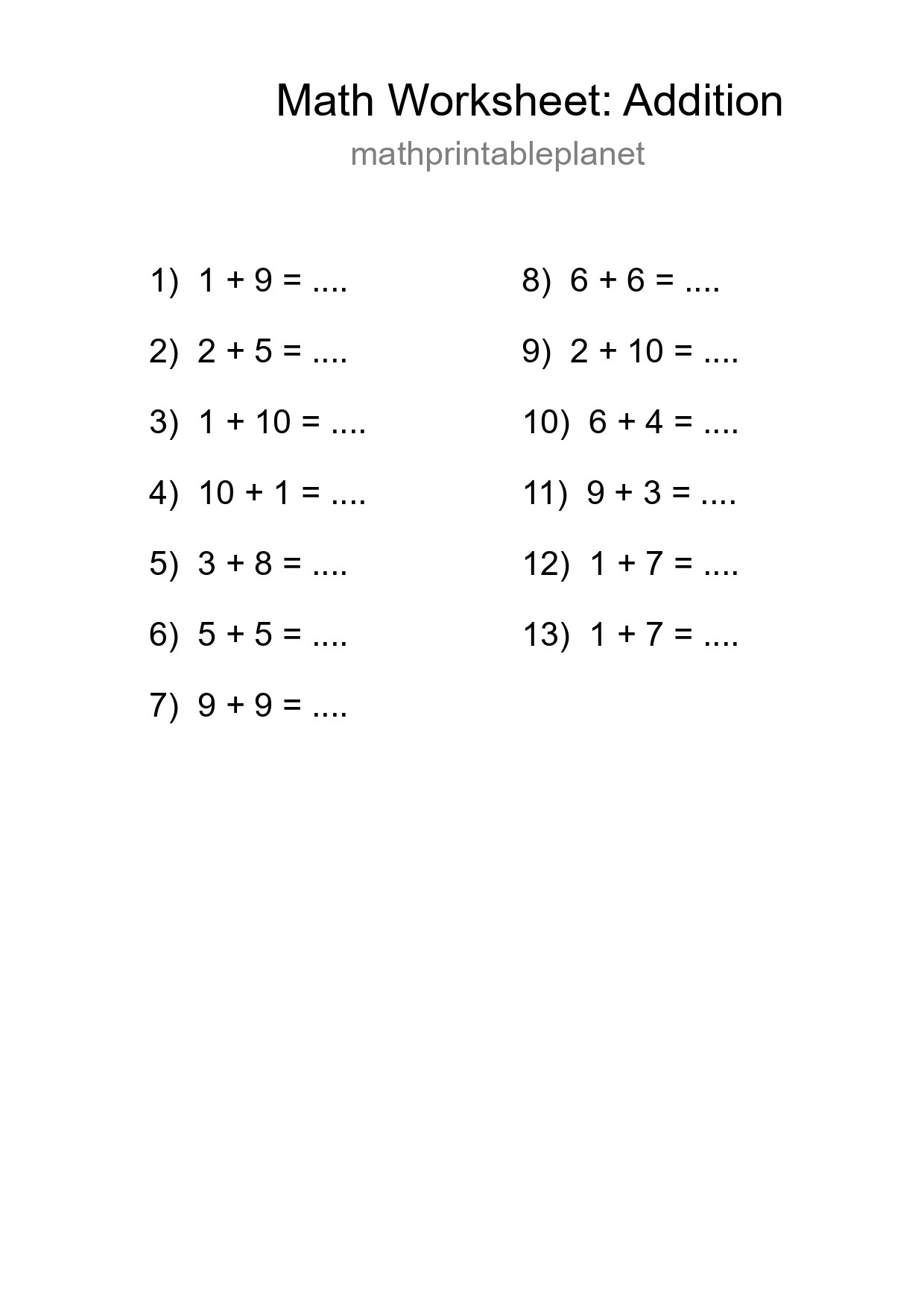 Free 13 Addition Math Worksheet For Grade 1 - Part 111