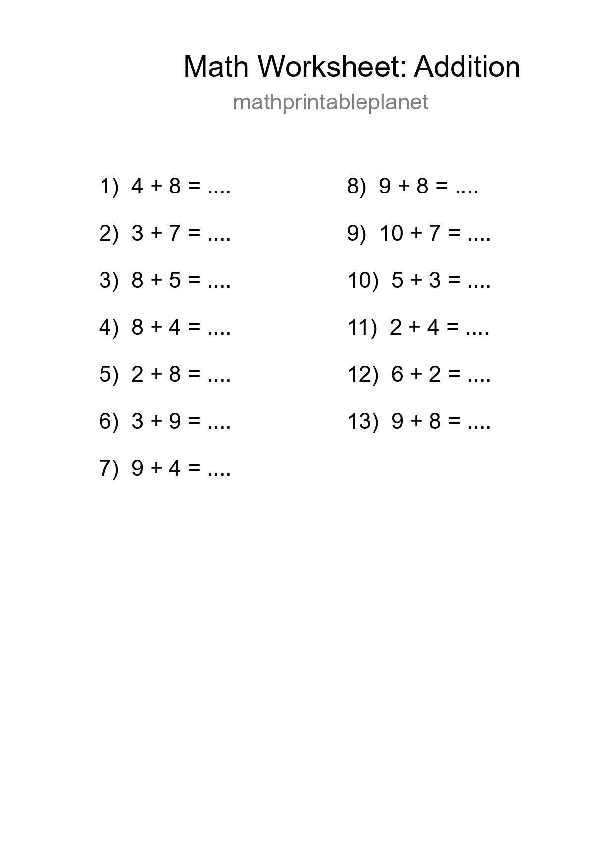 Free 13 Addition Math Worksheet For Grade 1 - Part 298