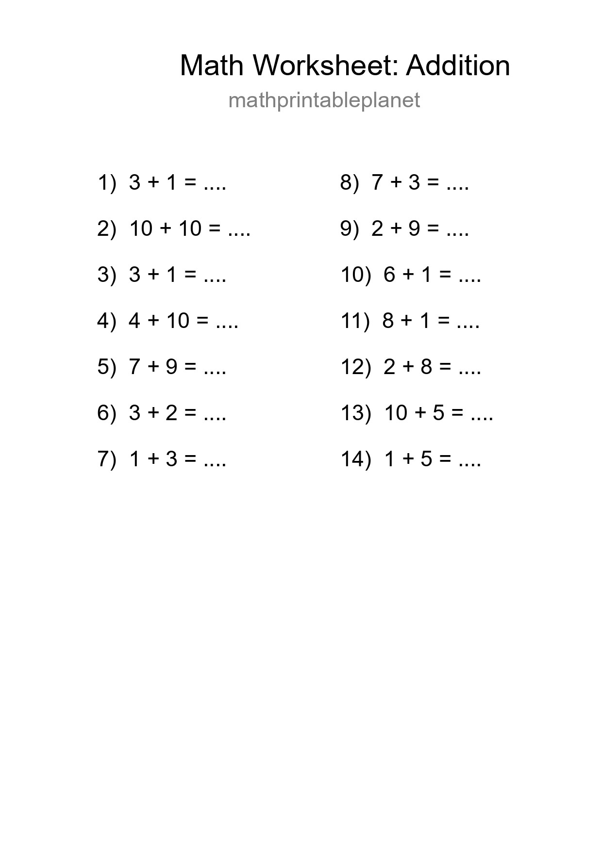 Free 14 Addition Math Worksheet For Grade 1 - Part 12