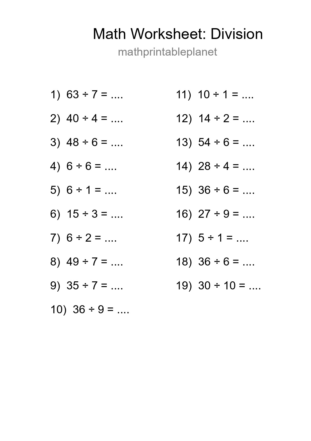 Free 19 Division Math Worksheet For Grade 1 With Answers - Part 224