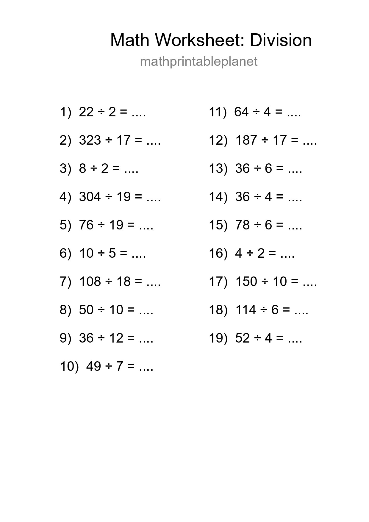 Free 19 Division Math Worksheet For Grade 2 With Answers - Part 125