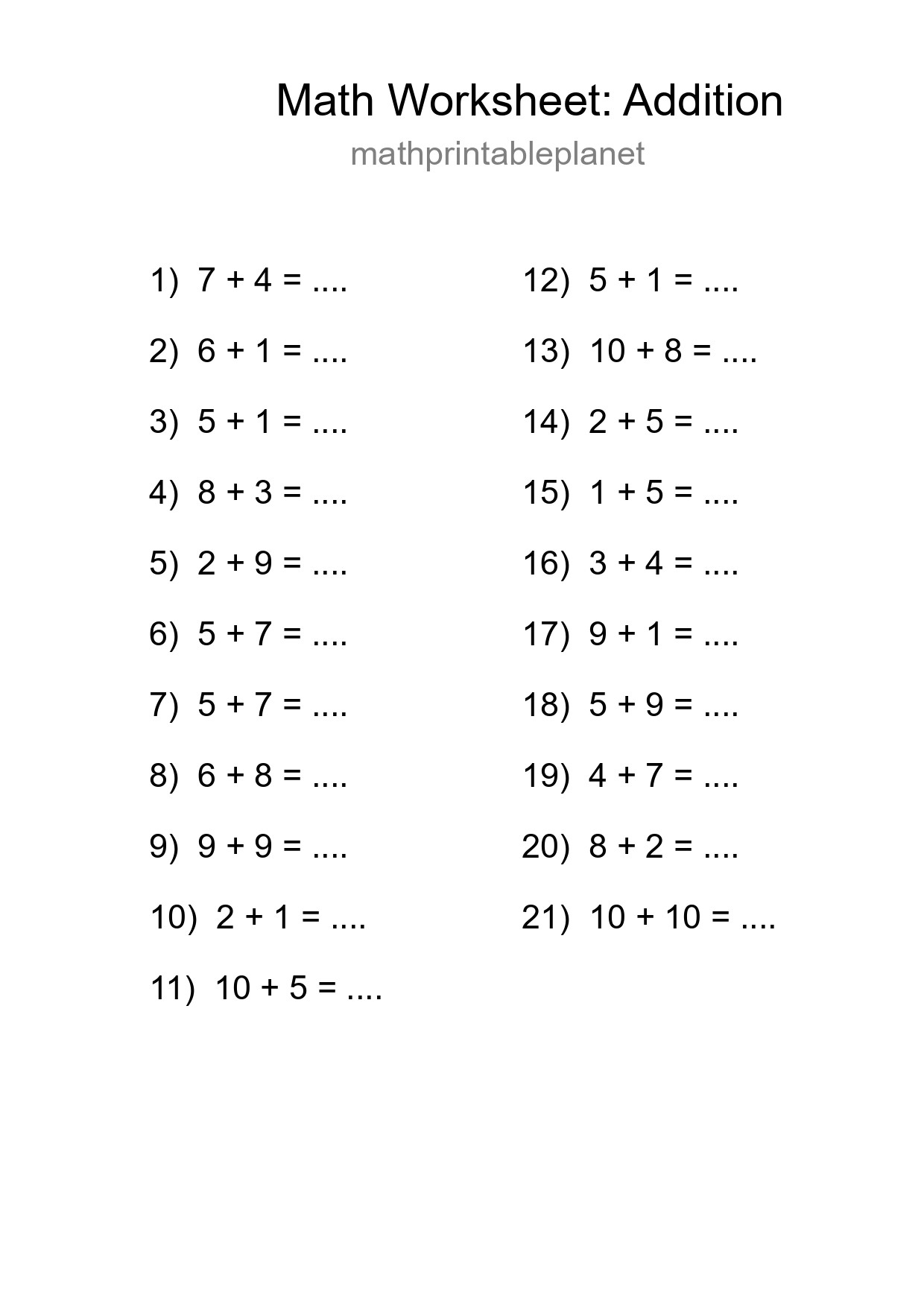 Free 21 Addition Math Worksheet For Grade 1 With Answers - Part 177