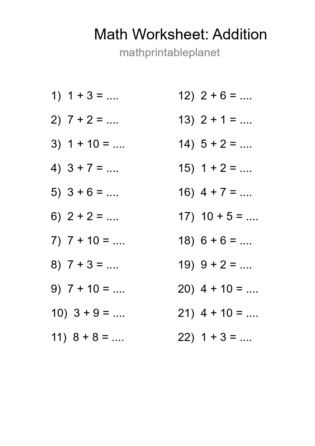 Free 22 Addition Math Worksheet For Grade 1 With Answers - Part 34