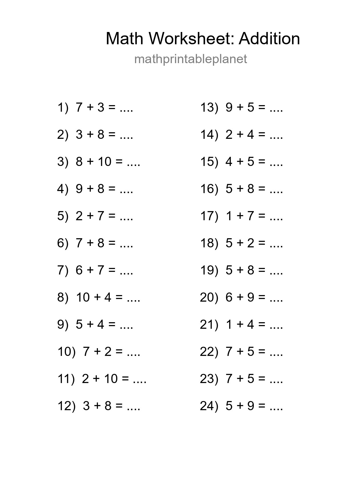 Free 24 Addition Math Worksheet For Grade 1 - Part 254