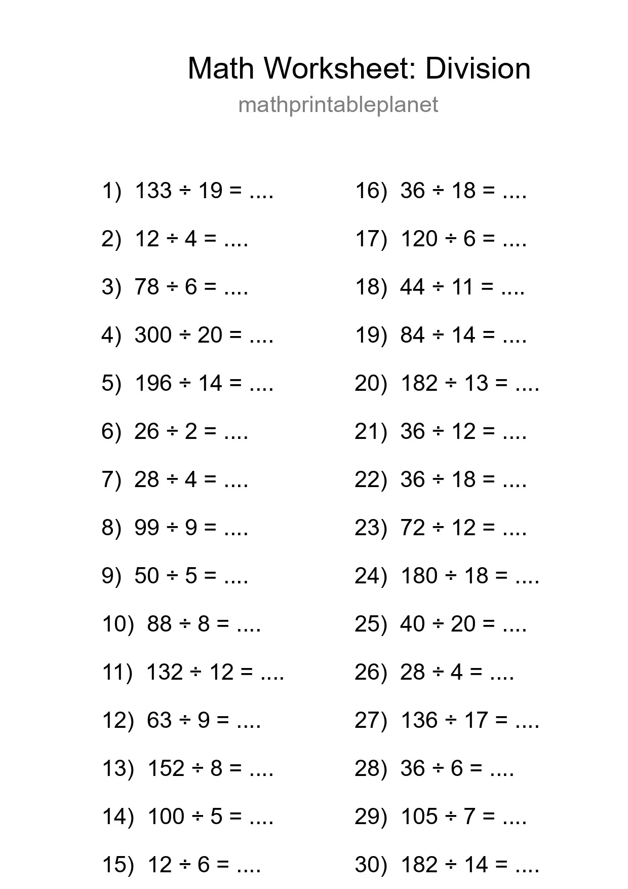 Free 30 Division Math Worksheet For Grade 2 With Answers - Part 202