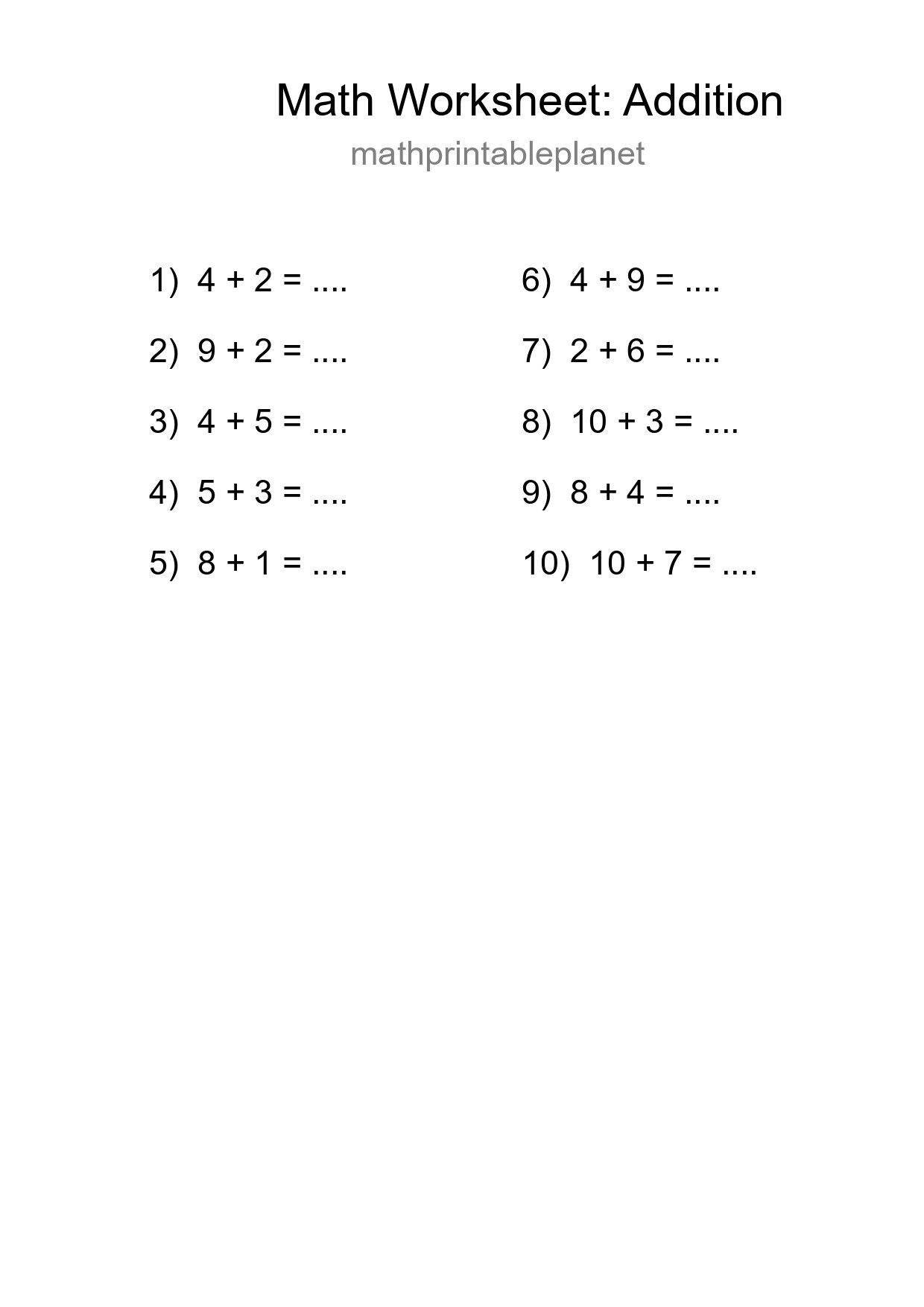 Grade 1 Addition Practice Worksheet (10 Problems) - Part 144