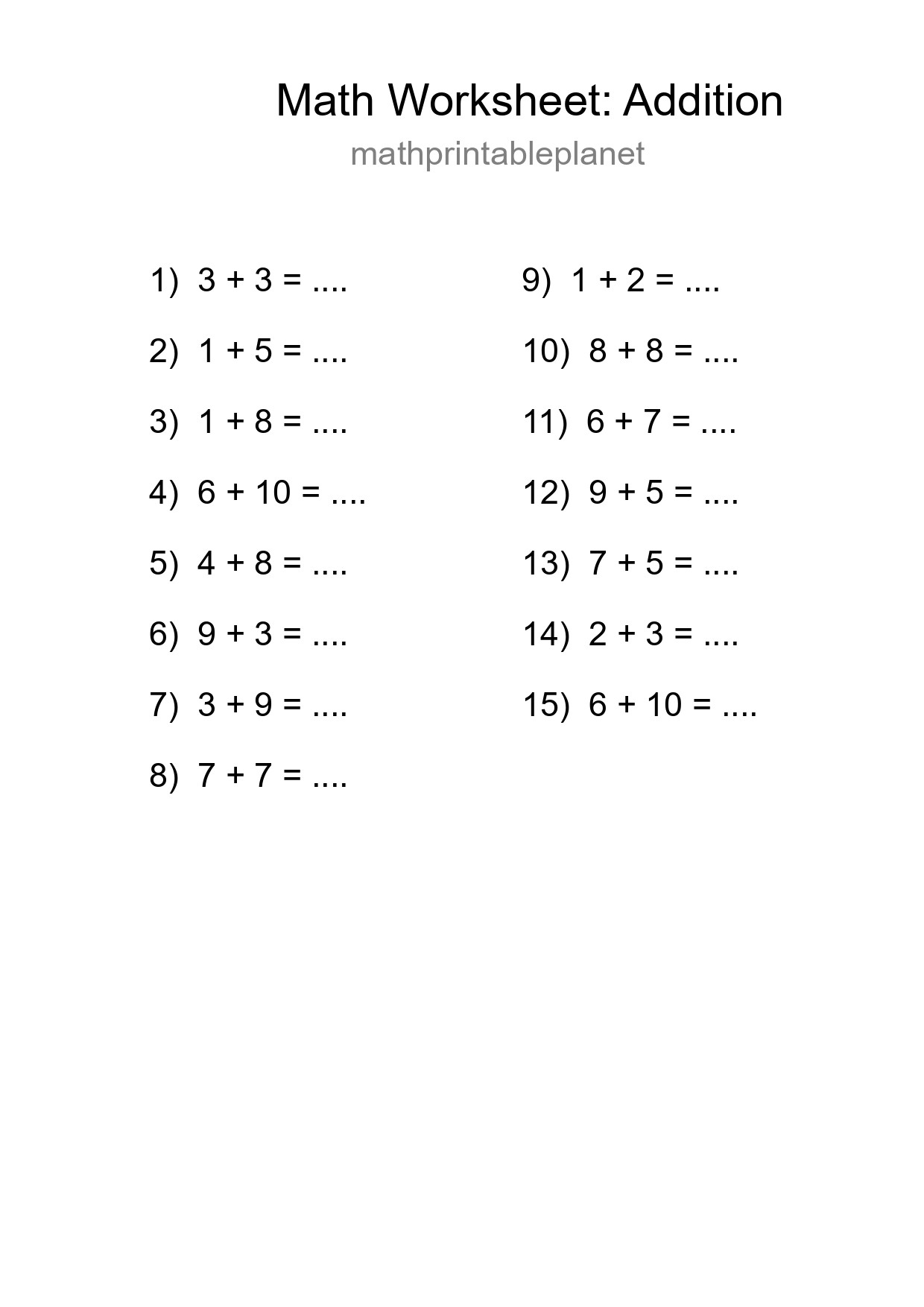 Grade 1 Addition Practice Worksheet (15 Problems) - Part 210