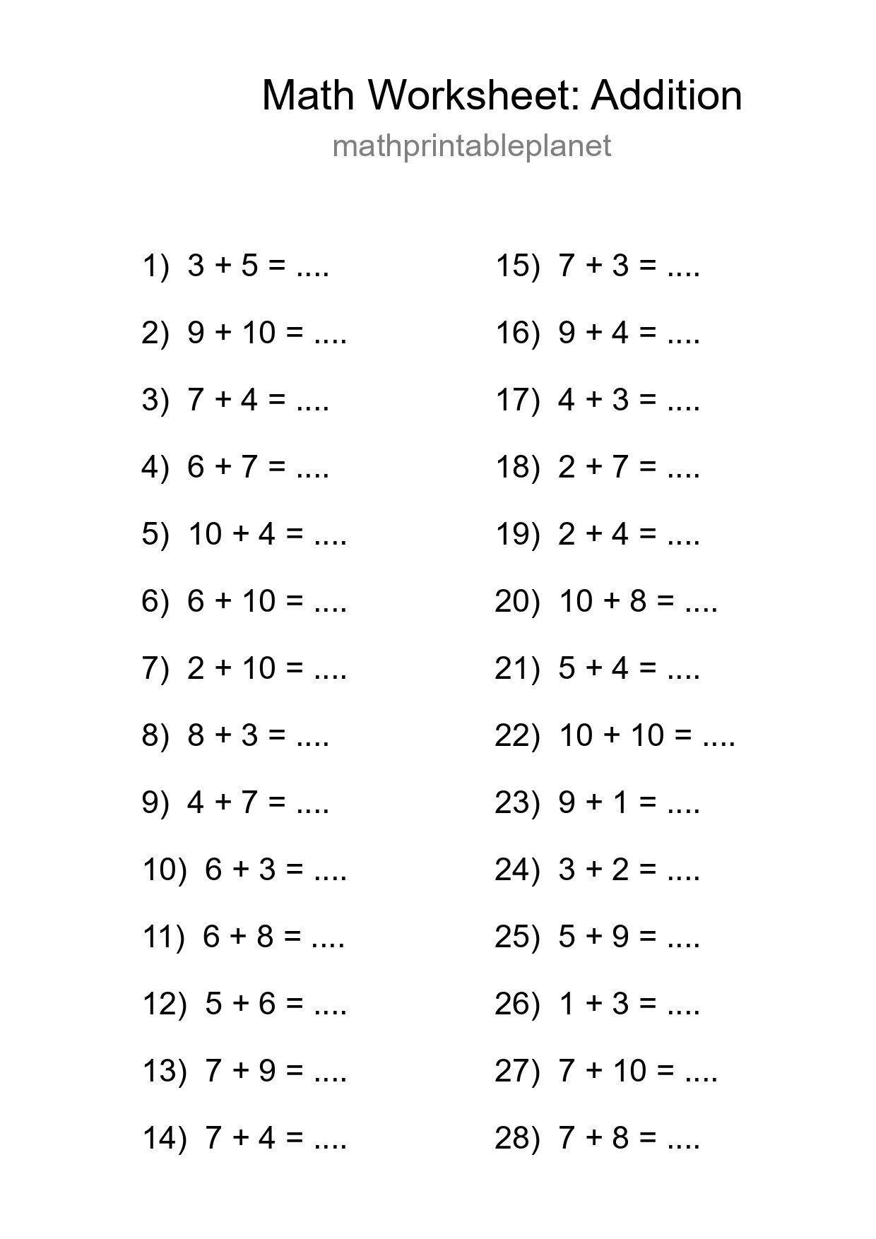 Grade 1 Addition Practice Worksheet (28 Problems) - Part 133