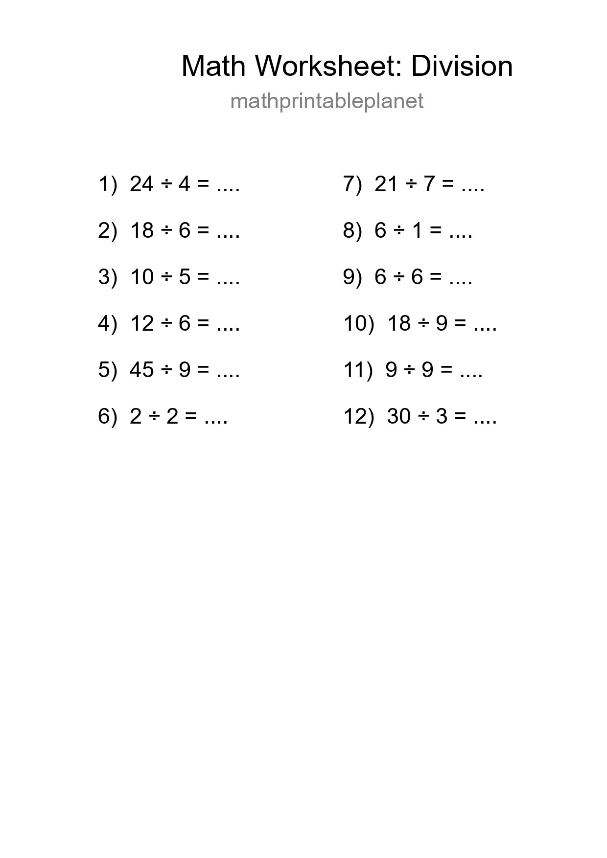 Grade 1 Division Practice Worksheet (12 Problems) - Part 279