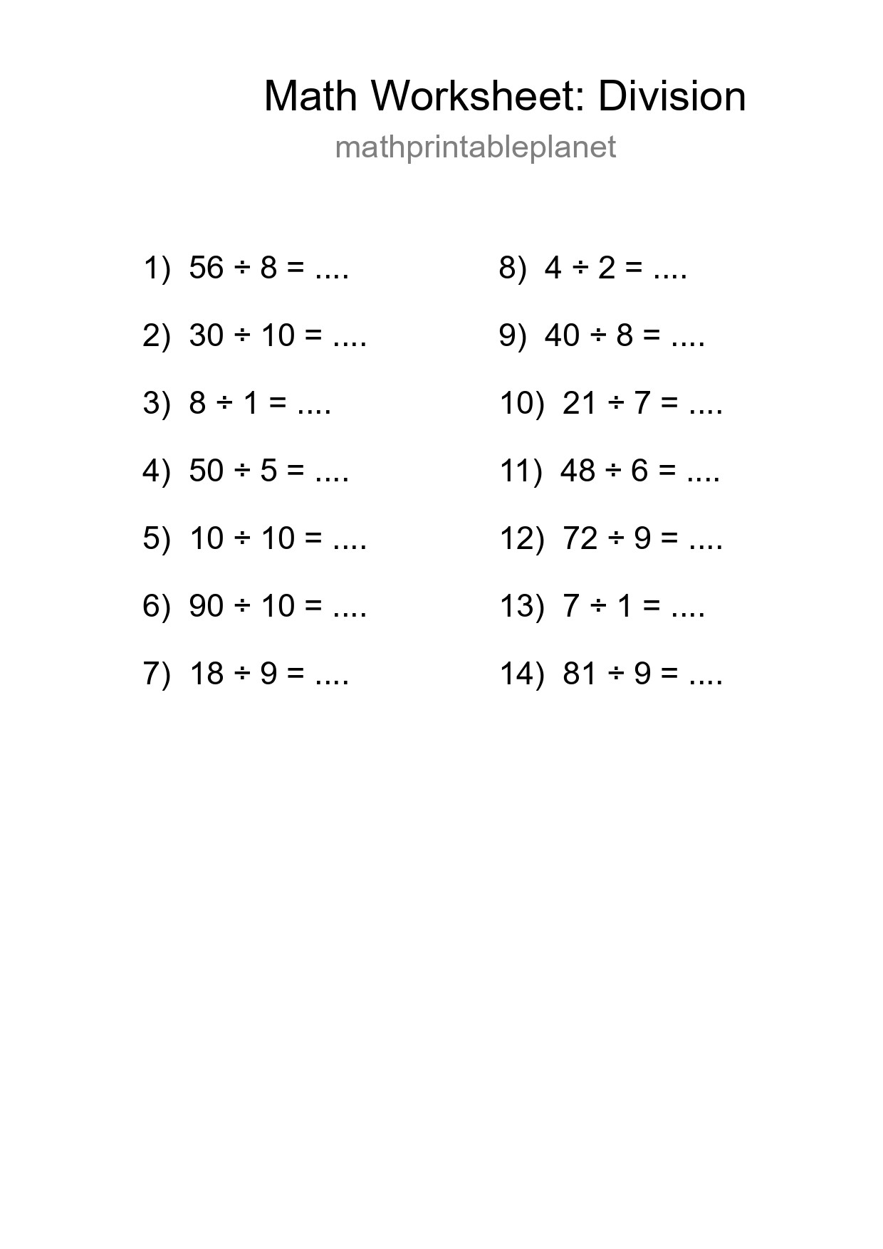 Grade 1 Division Practice Worksheet (14 Problems) - Part 59