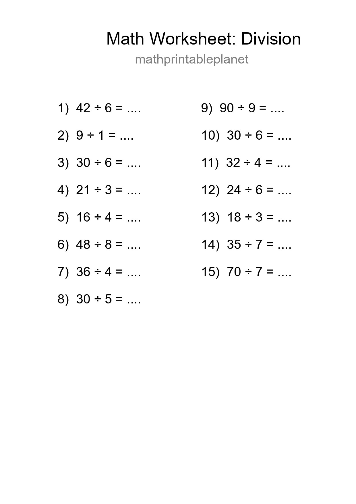 Grade 1 Division Practice Worksheet (15 Problems) - Part 70