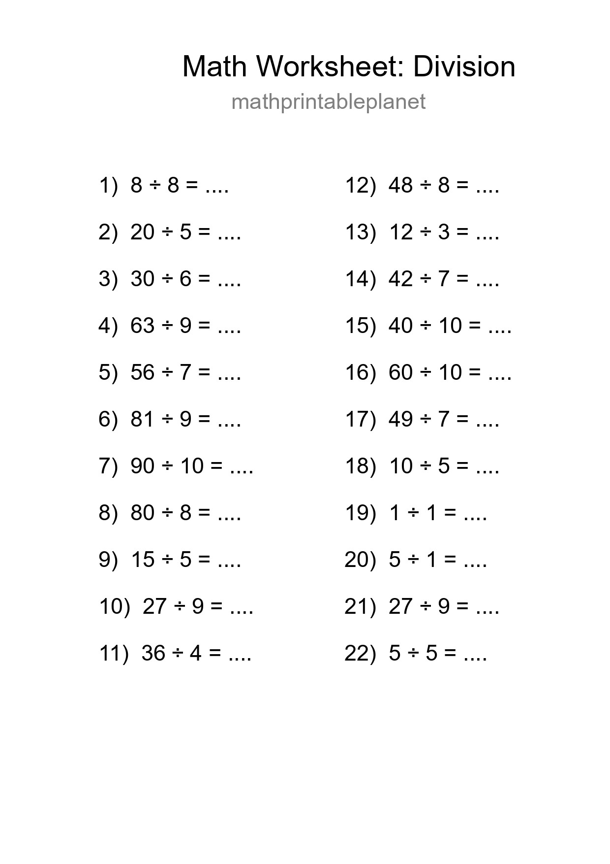 Grade 1 Division Practice Worksheet (22 Problems) - Part 136