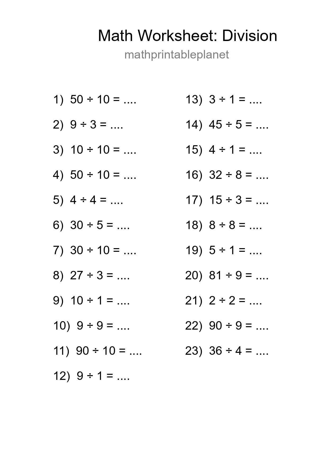 Grade 1 Division Practice Worksheet (23 Problems) - Part 37