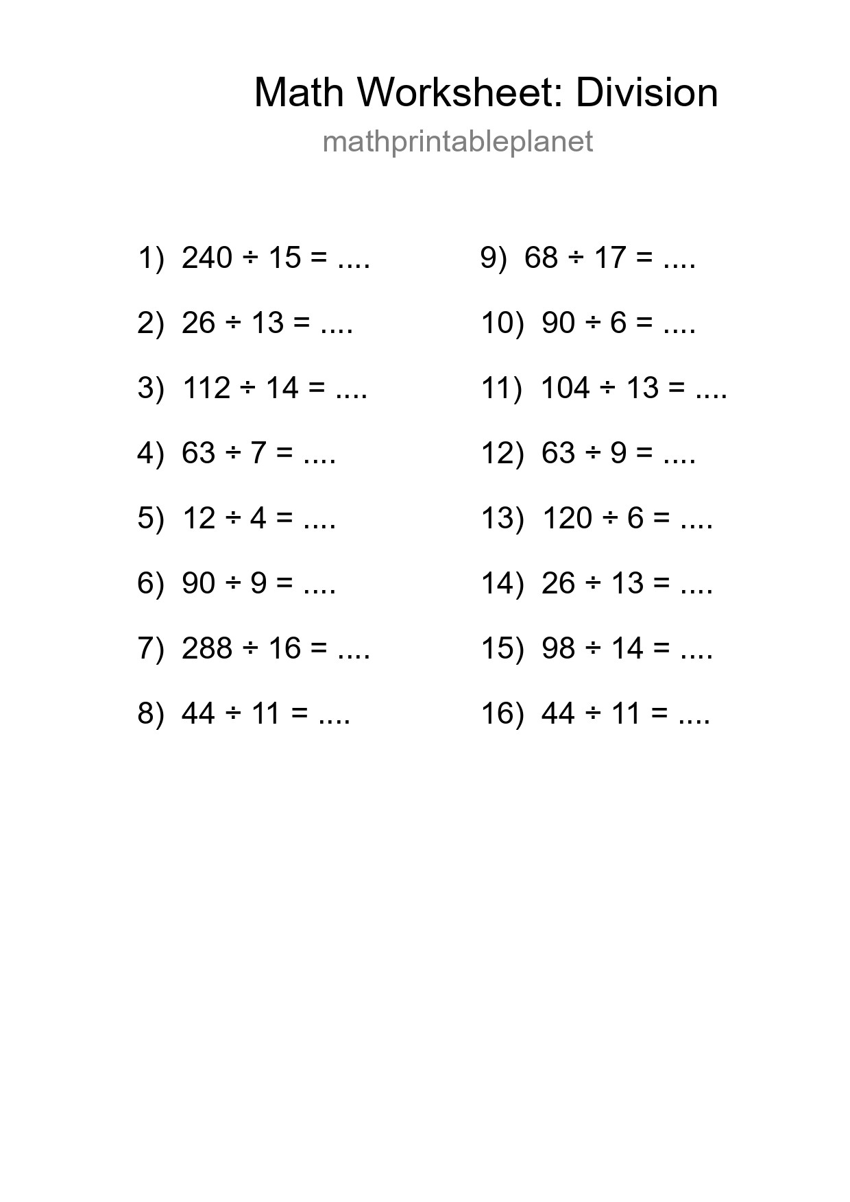 Grade 2 Division Practice Worksheet (16 Problems) - Part 114