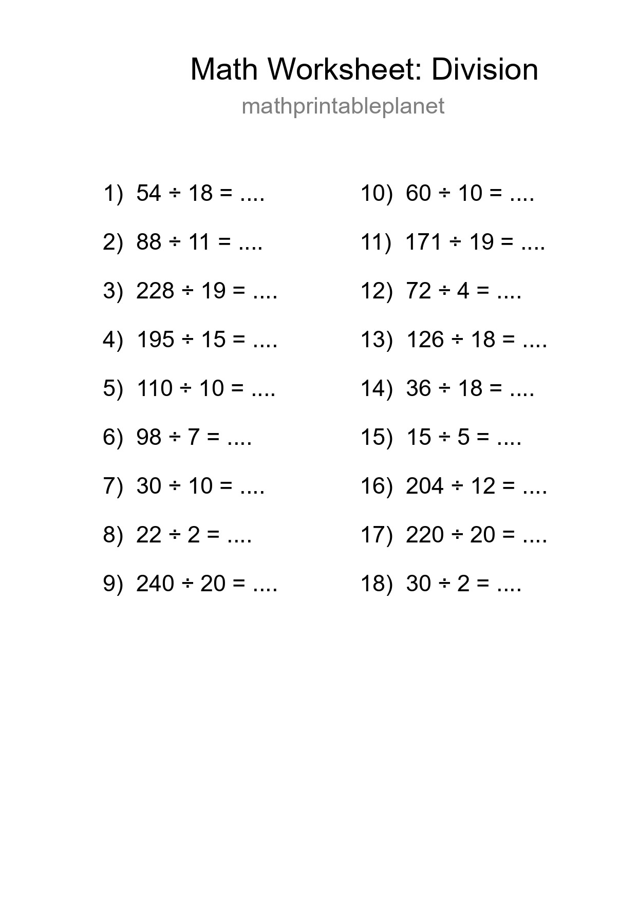 Grade 2 Division Practice Worksheet (18 Problems) - Part 158