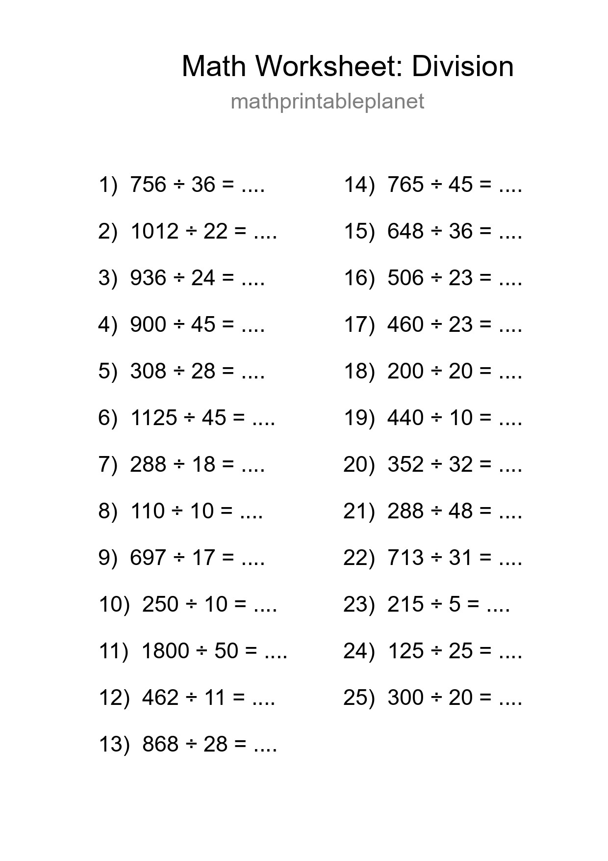 Grade 2 Division Practice Worksheet (25 Problems) - Part 48