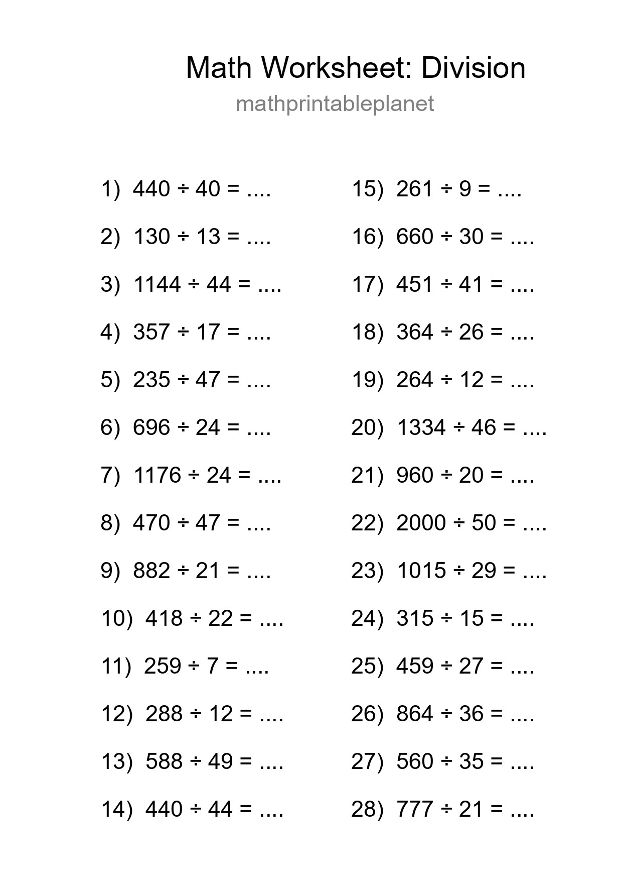 Grade 2 Division Practice Worksheet (28 Problems) - Part 290