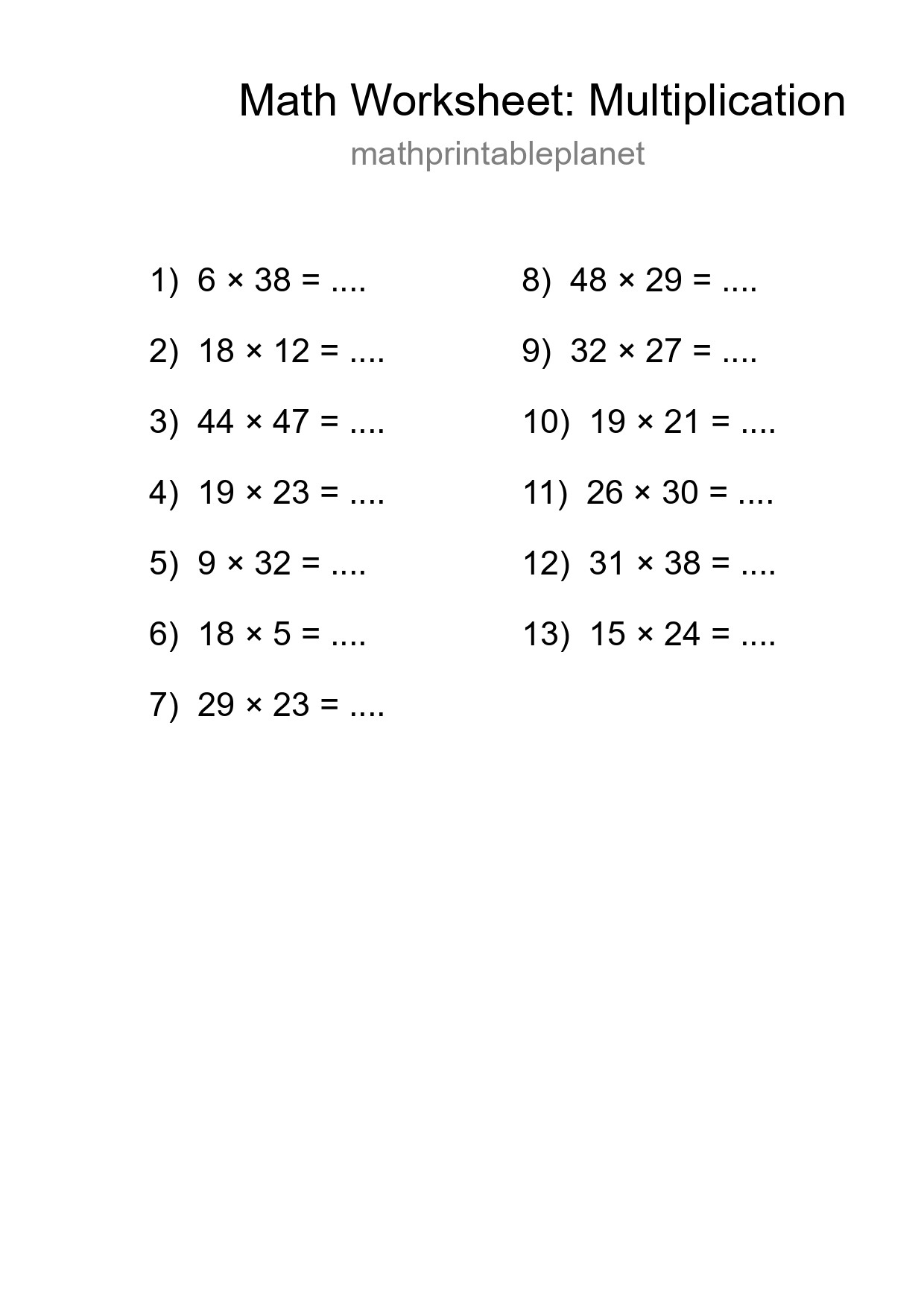 Grade 2 Multiplication Practice Worksheet (13 Problems) - Part 194