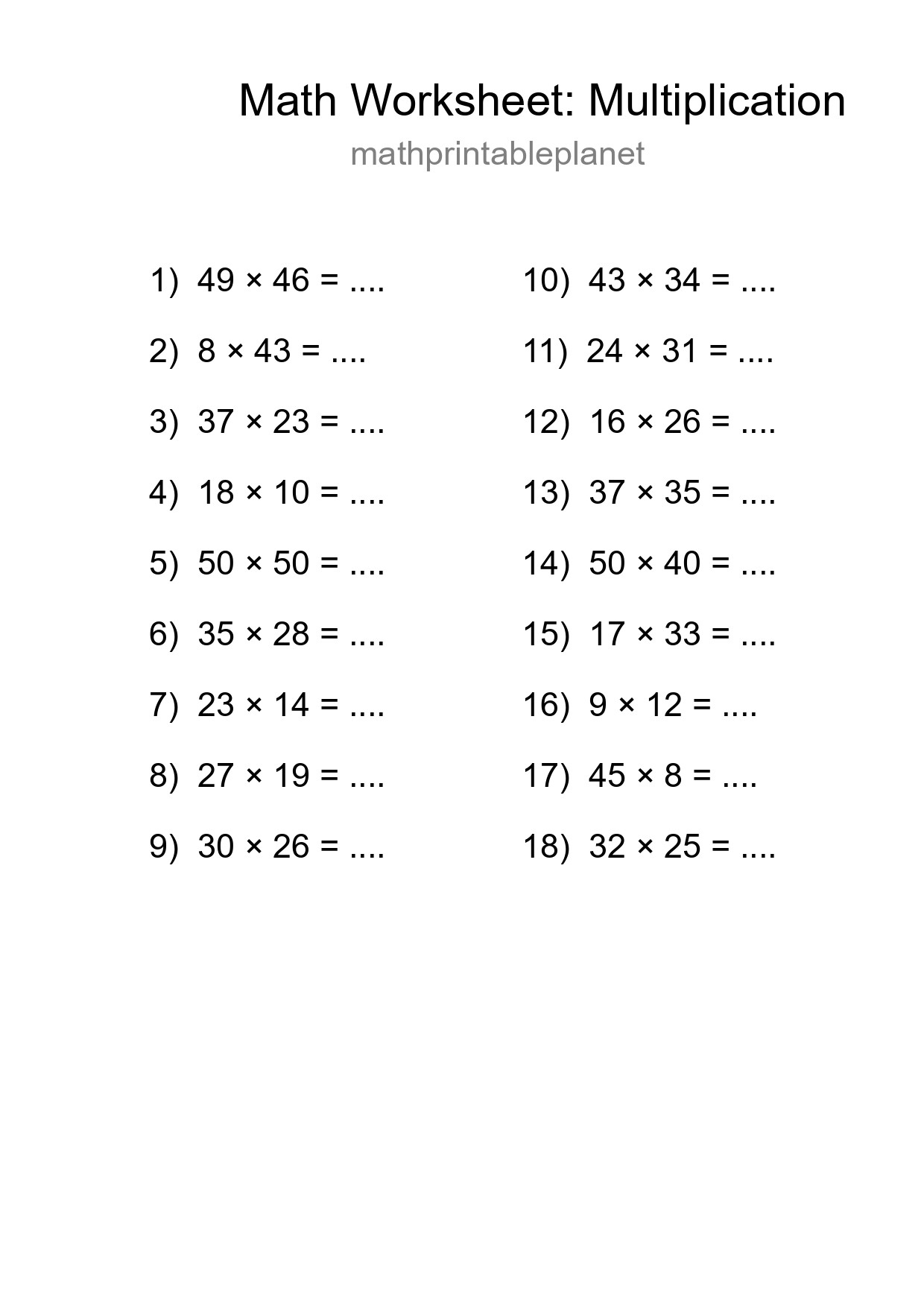 Grade 2 Multiplication Practice Worksheet (18 Problems) - Part 139