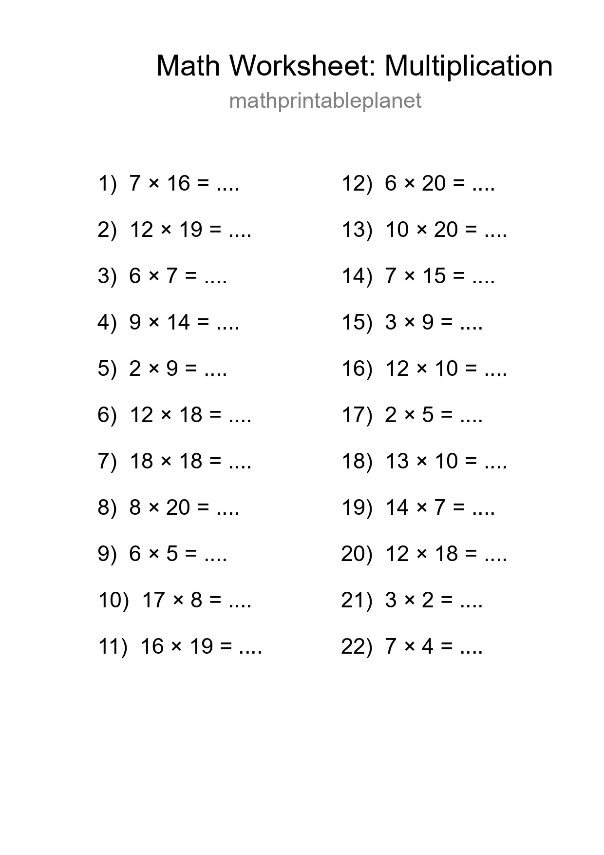 Grade 2 Multiplication Practice Worksheet (22 Problems) - Part 18