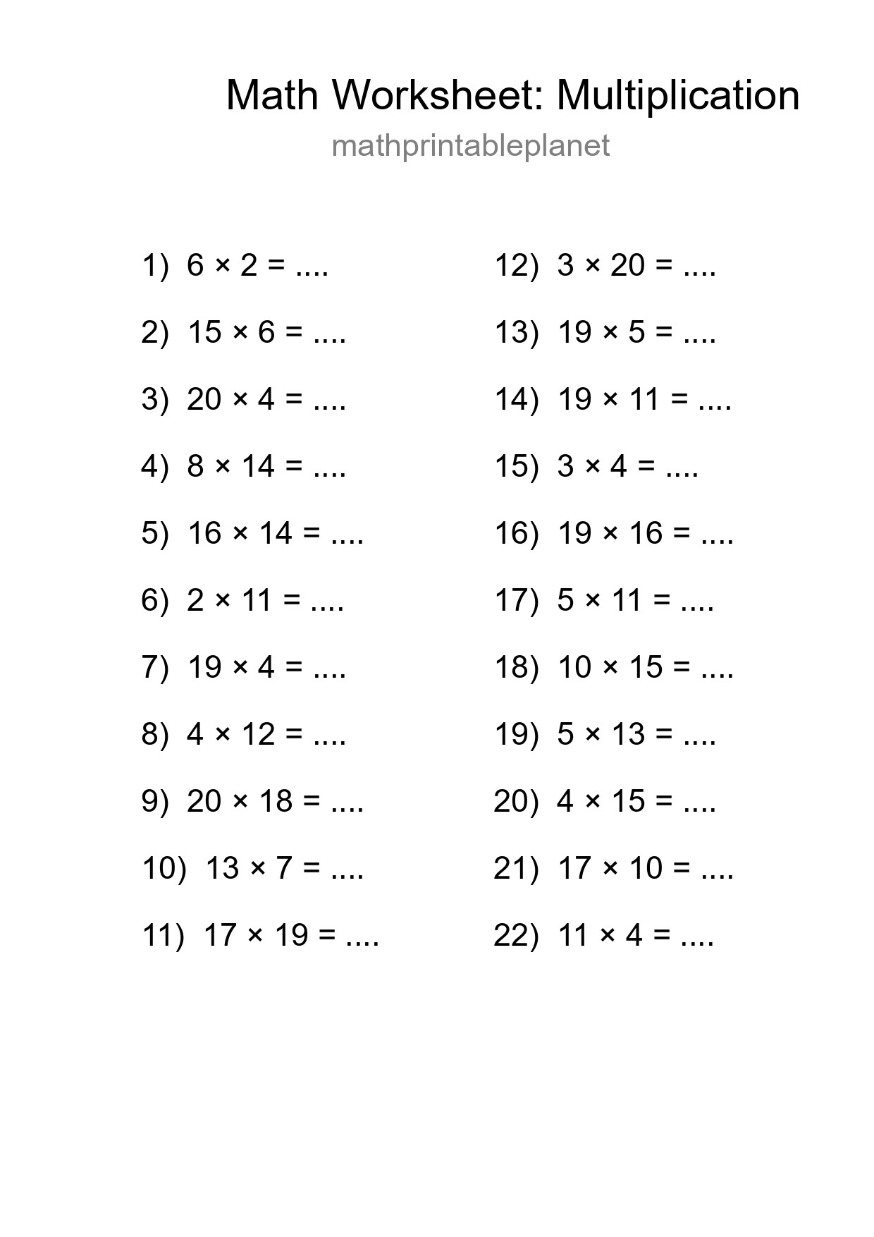 Grade 2 Multiplication Practice Worksheet (22 Problems) - Part 7