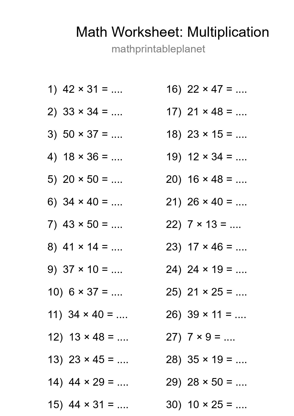 Grade 2 Multiplication Practice Worksheet (30 Problems) - Part 227