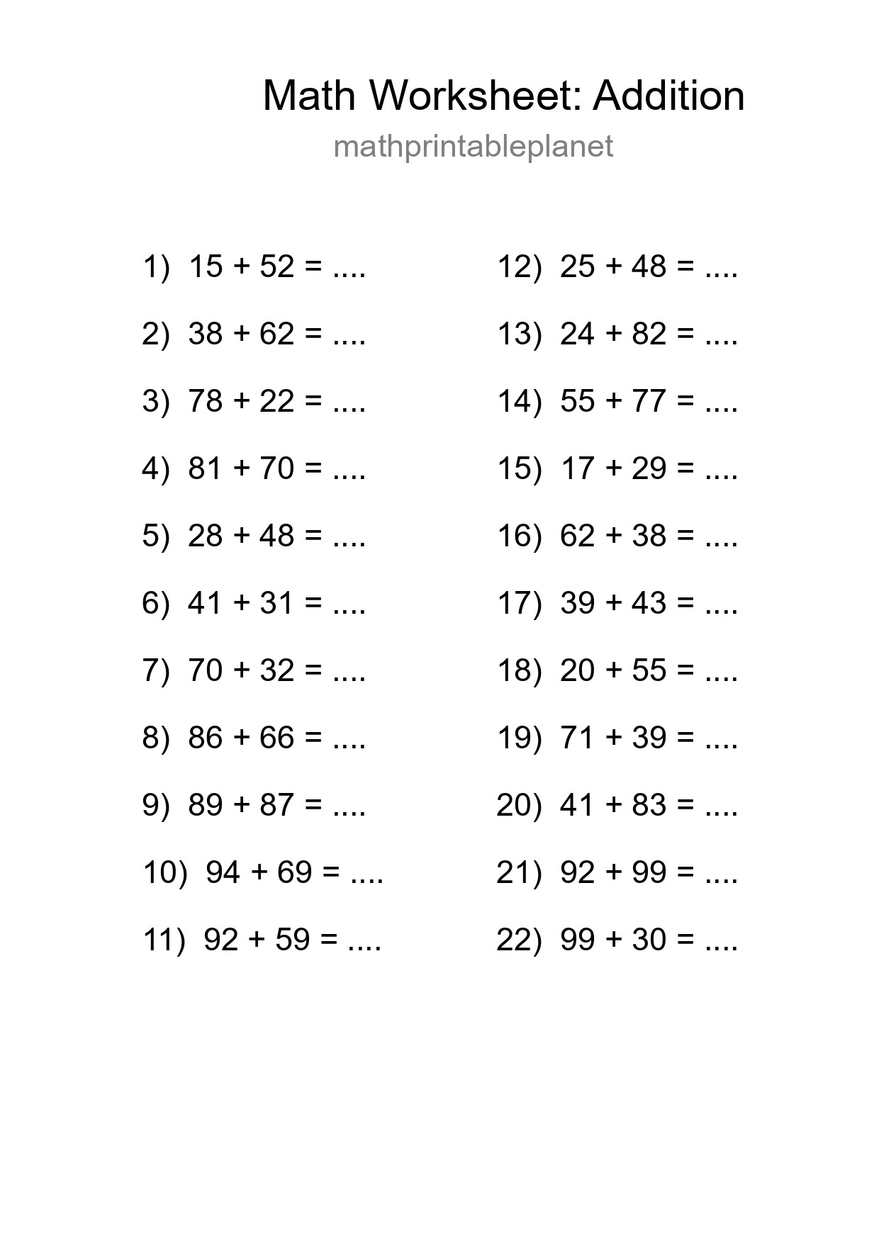 Grade 3 Addition Practice Worksheet (22 Problems) - Part 122