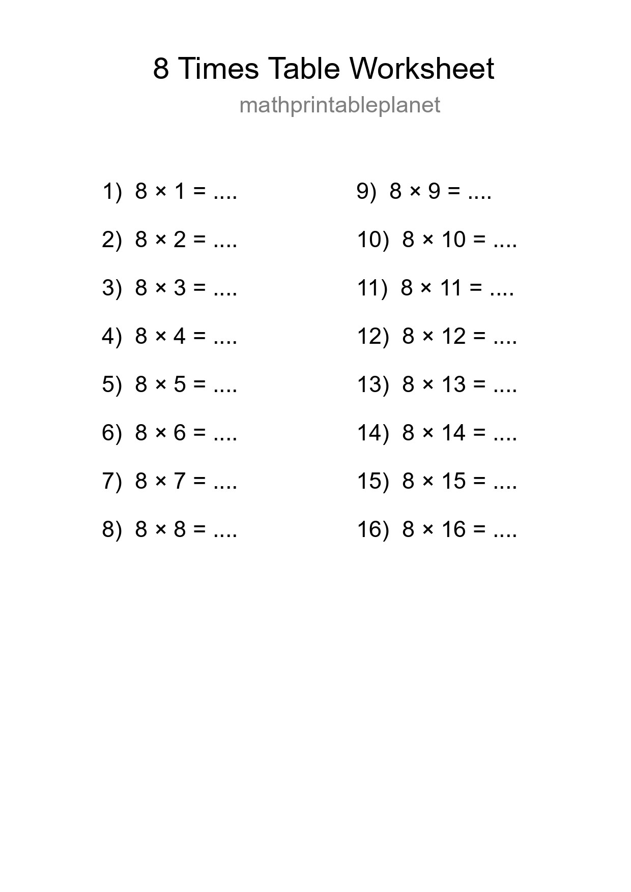 Grade 3 Multiplication Table 8 Practice - Part 130