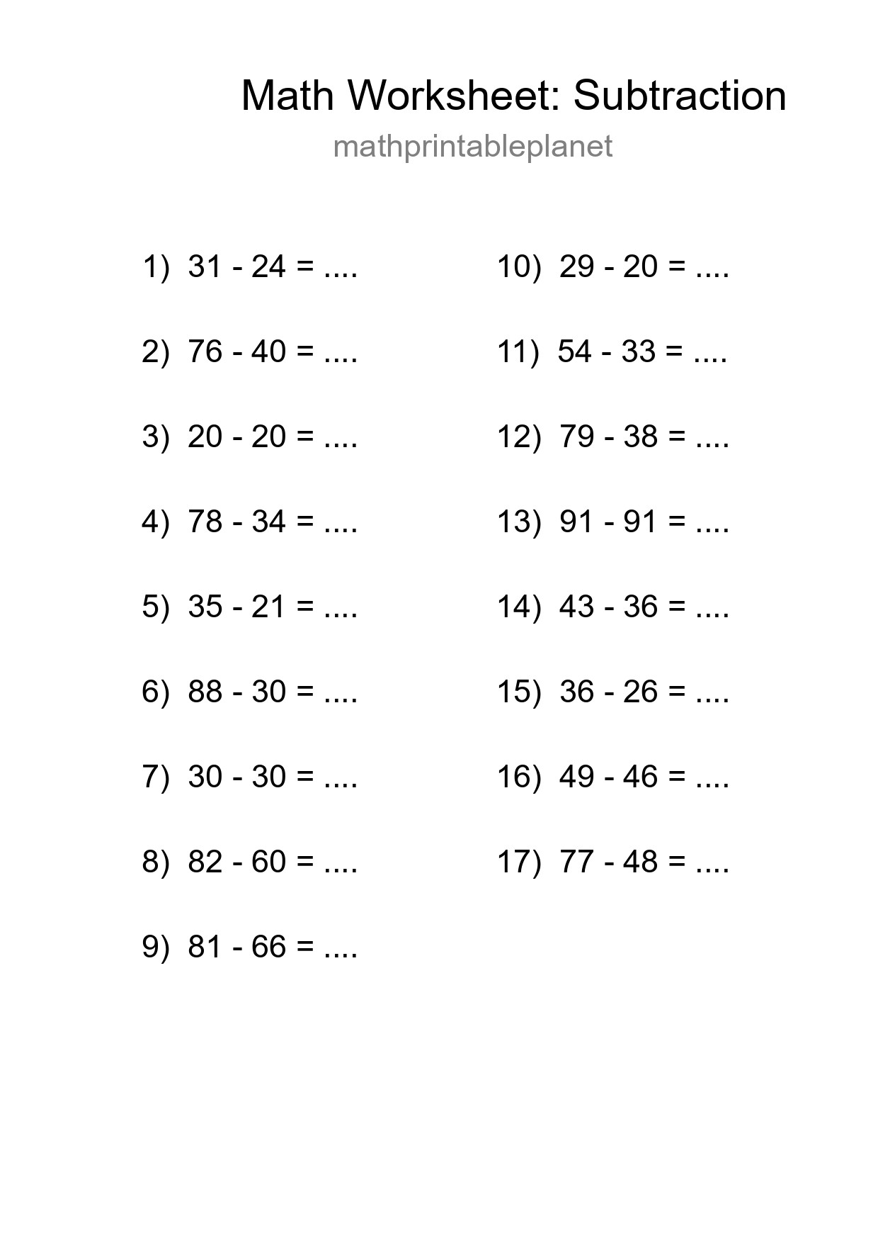 Grade 3 Subtraction Practice Worksheet (17 Problems) - Part 239