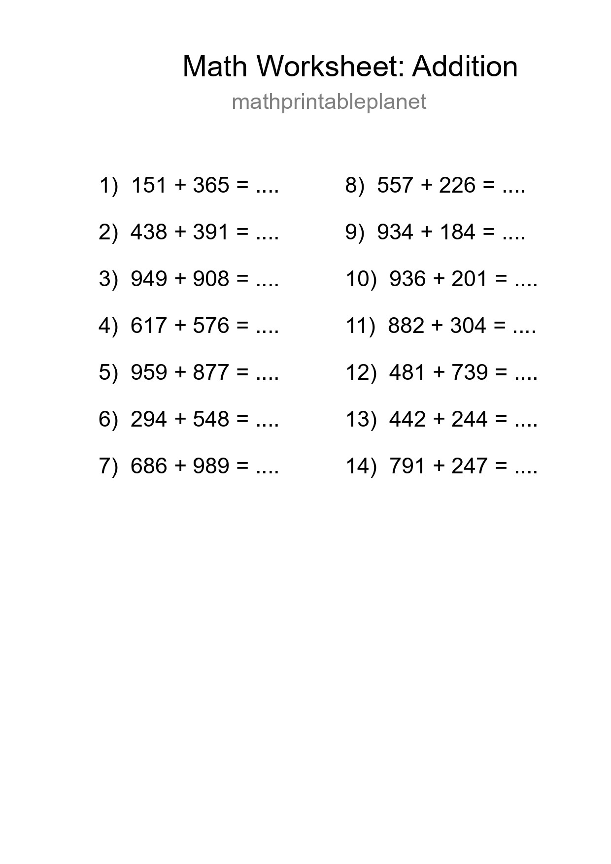 Grade 5 Addition Practice Worksheet (14 Problems) - Part 166