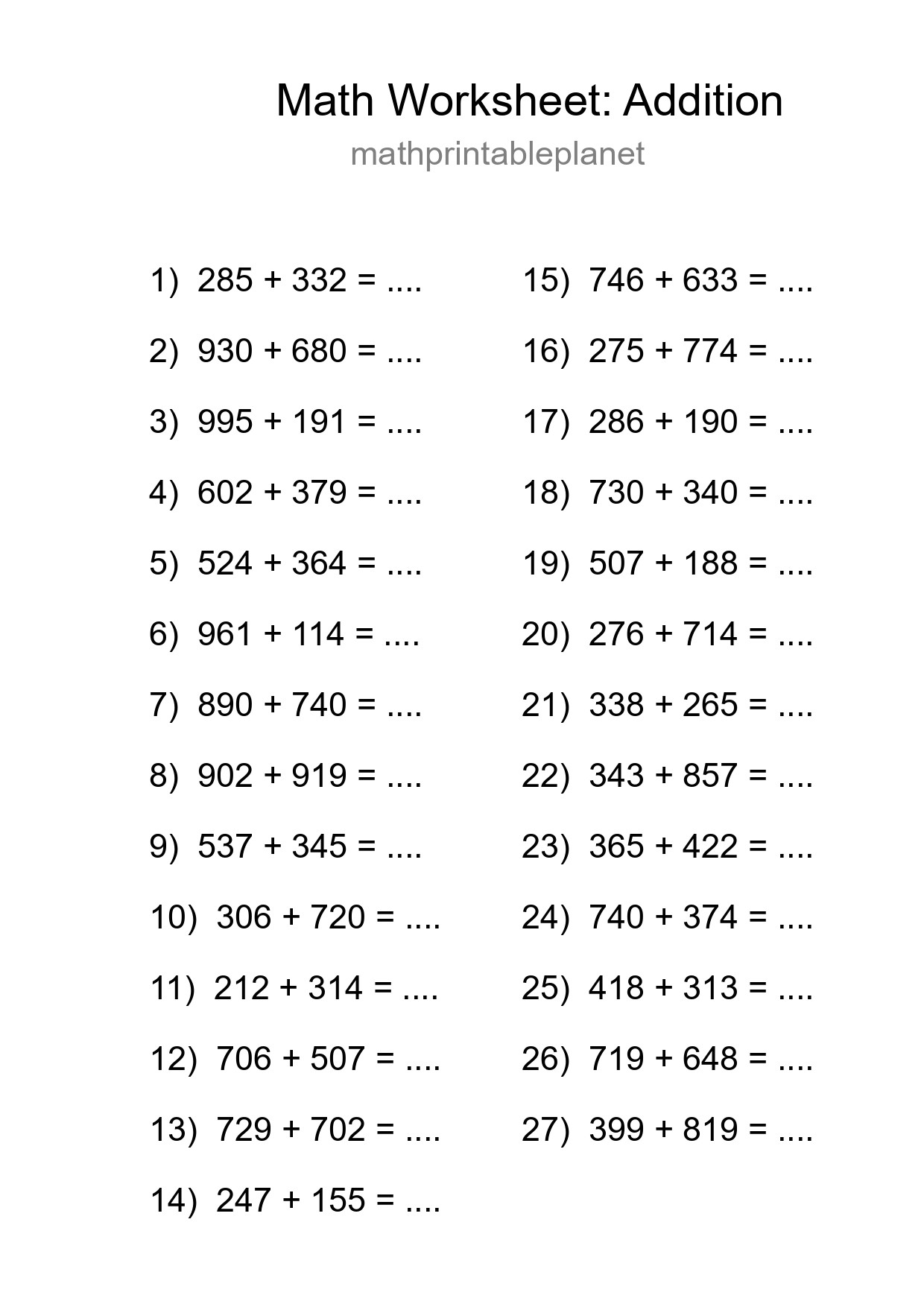 Grade 5 Addition Practice Worksheet (27 Problems) - Part 243