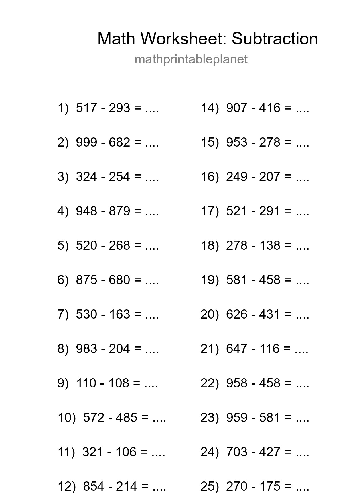 Grade 5 Subtraction Practice Worksheet (25 Problems) - Part 184