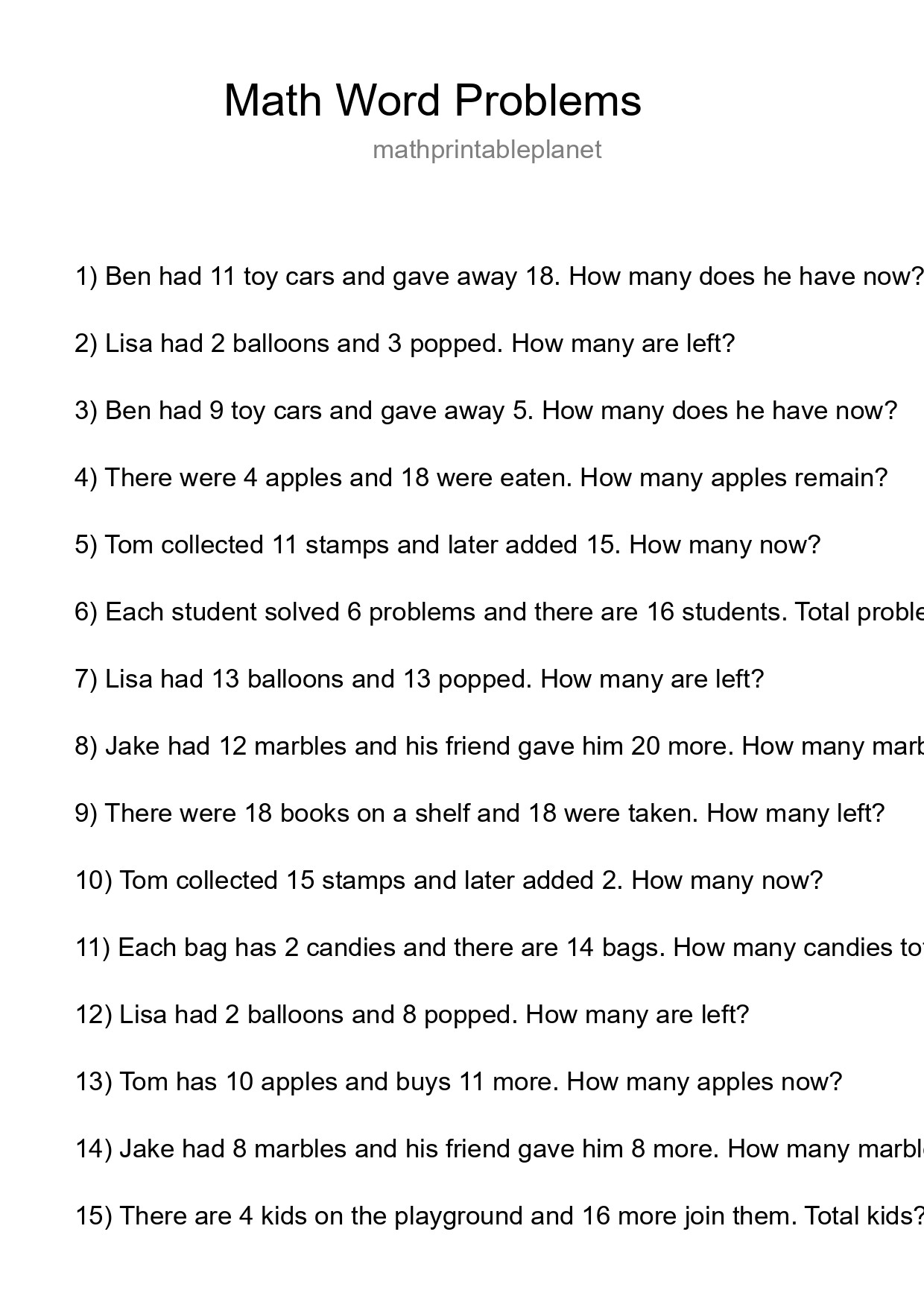 Math Word Problem Worksheet