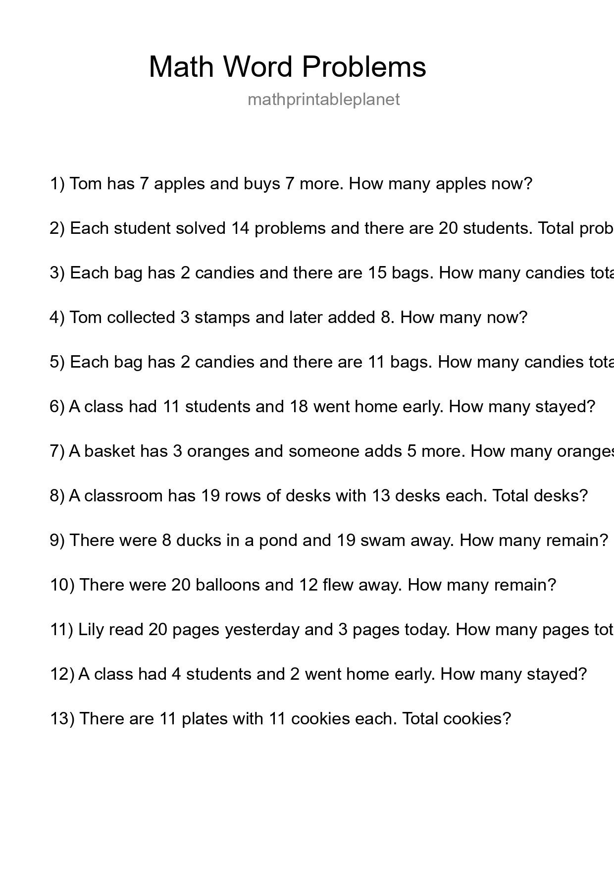 Math Word Problem Worksheet