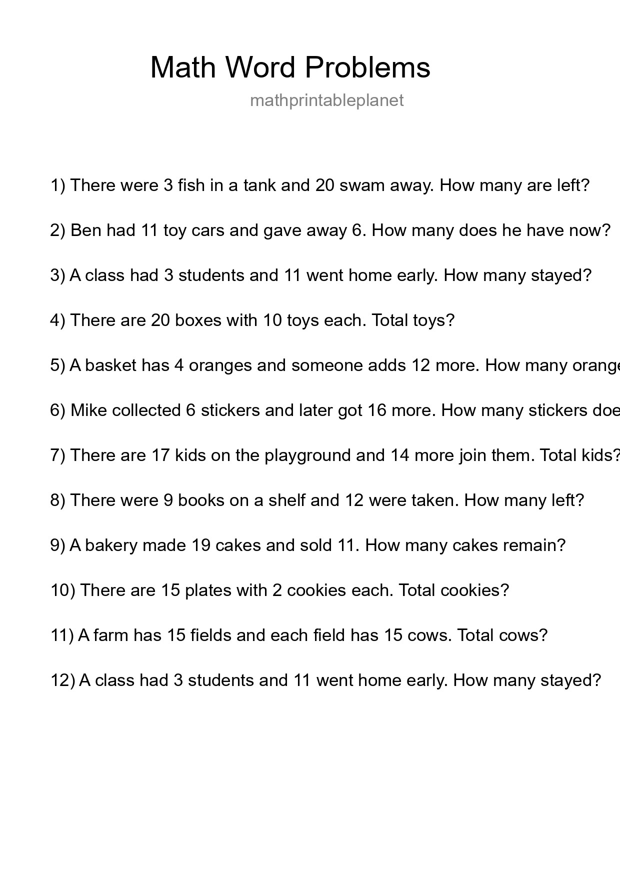 Math Word Problem Worksheet