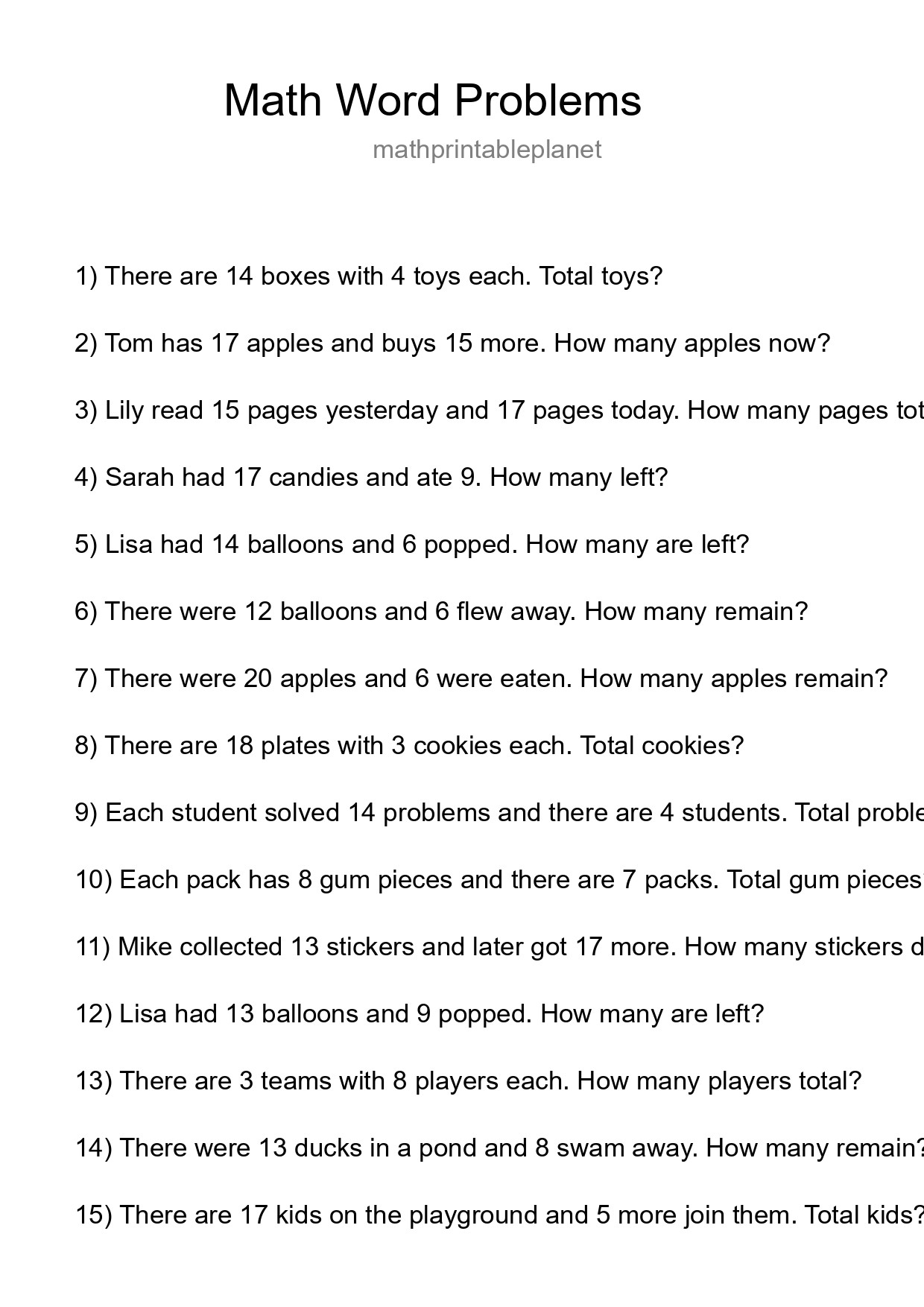 Math Word Problem Worksheet