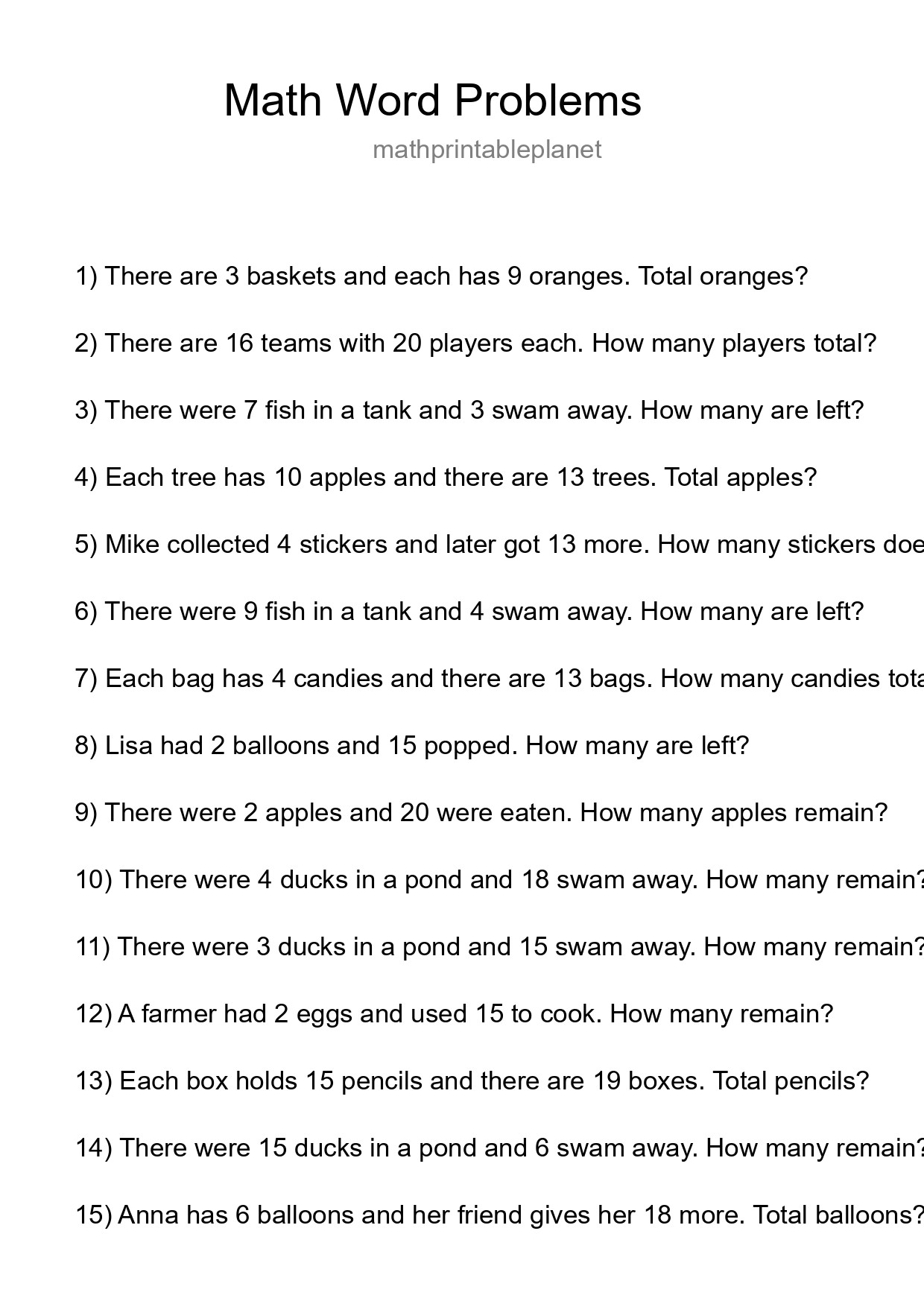 Math Word Problem Worksheet