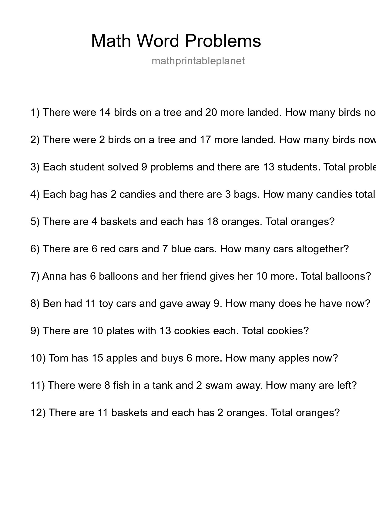 Math Word Problem Worksheet