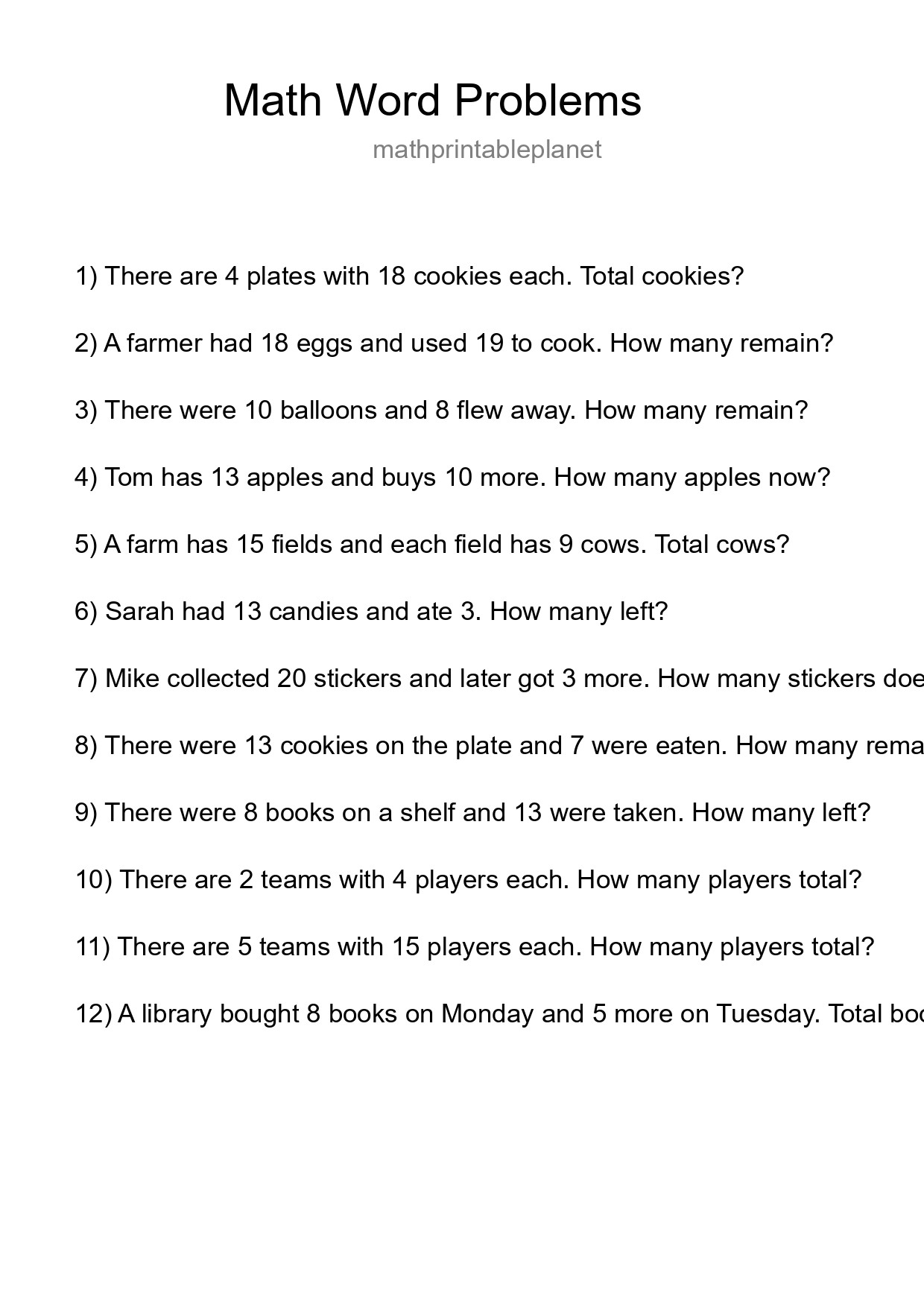 Math Word Problem Worksheet